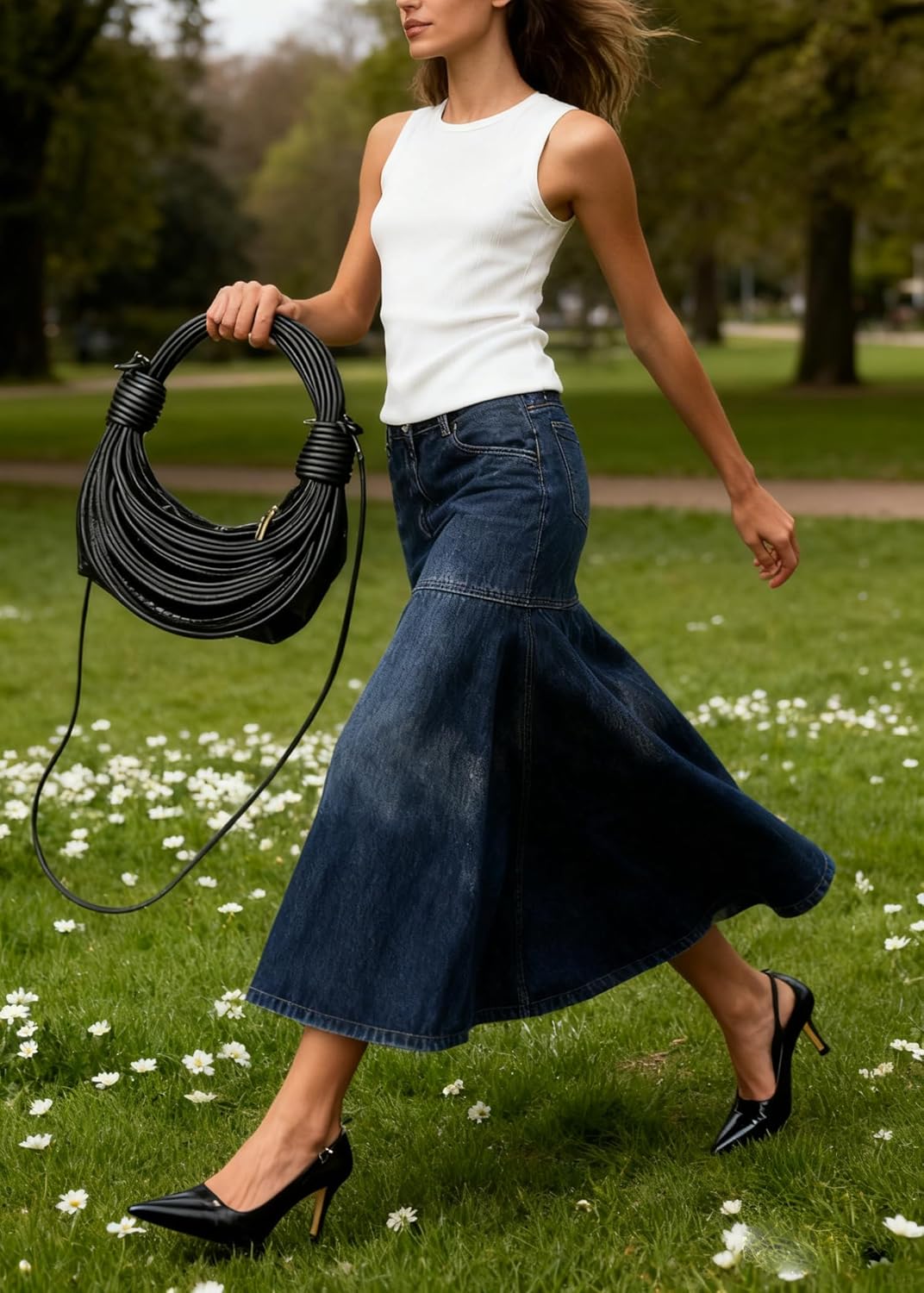 chouyatou Women's Elegant A-Line Pleated Jean Skirt Western Distressed Midi Long Fishtail Denim Skirt