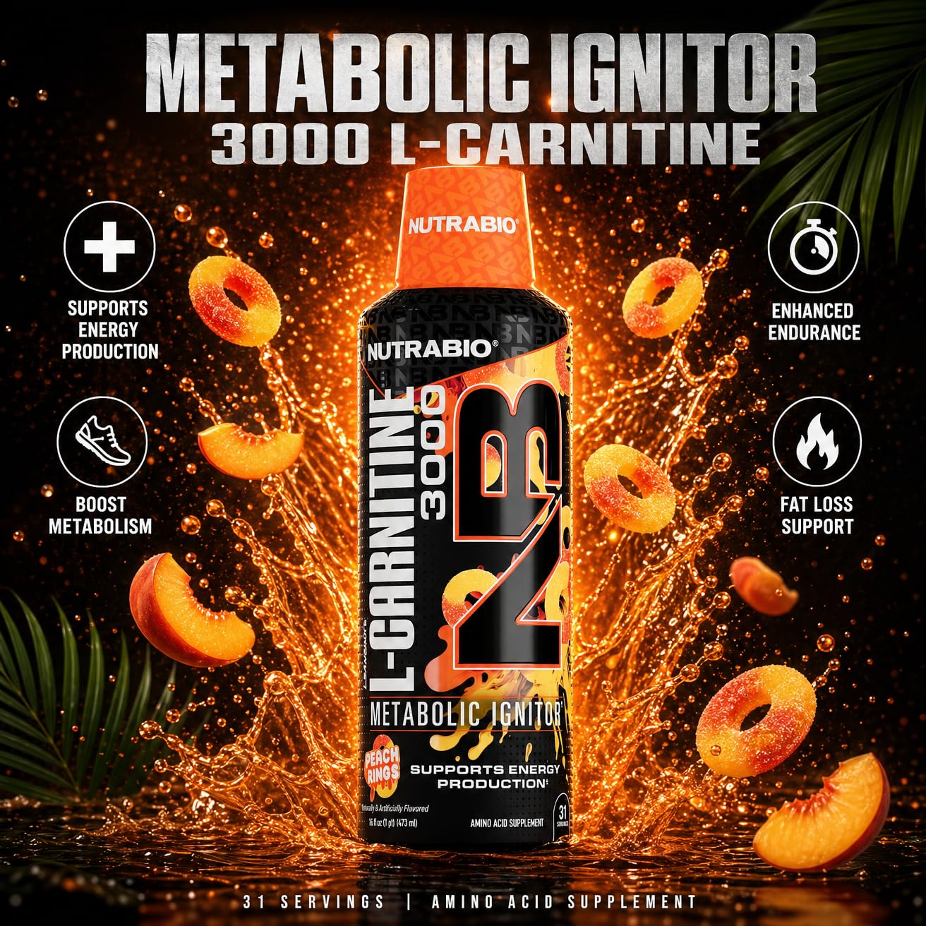 NutraBio – L-Carnitine Liquid Shots – 3000mg, (Peach Rings) – 10mg of Vitamin B-5 – Zero Carbs & Sugars – Energy Production – Muscle Recovery — Amazon image 3