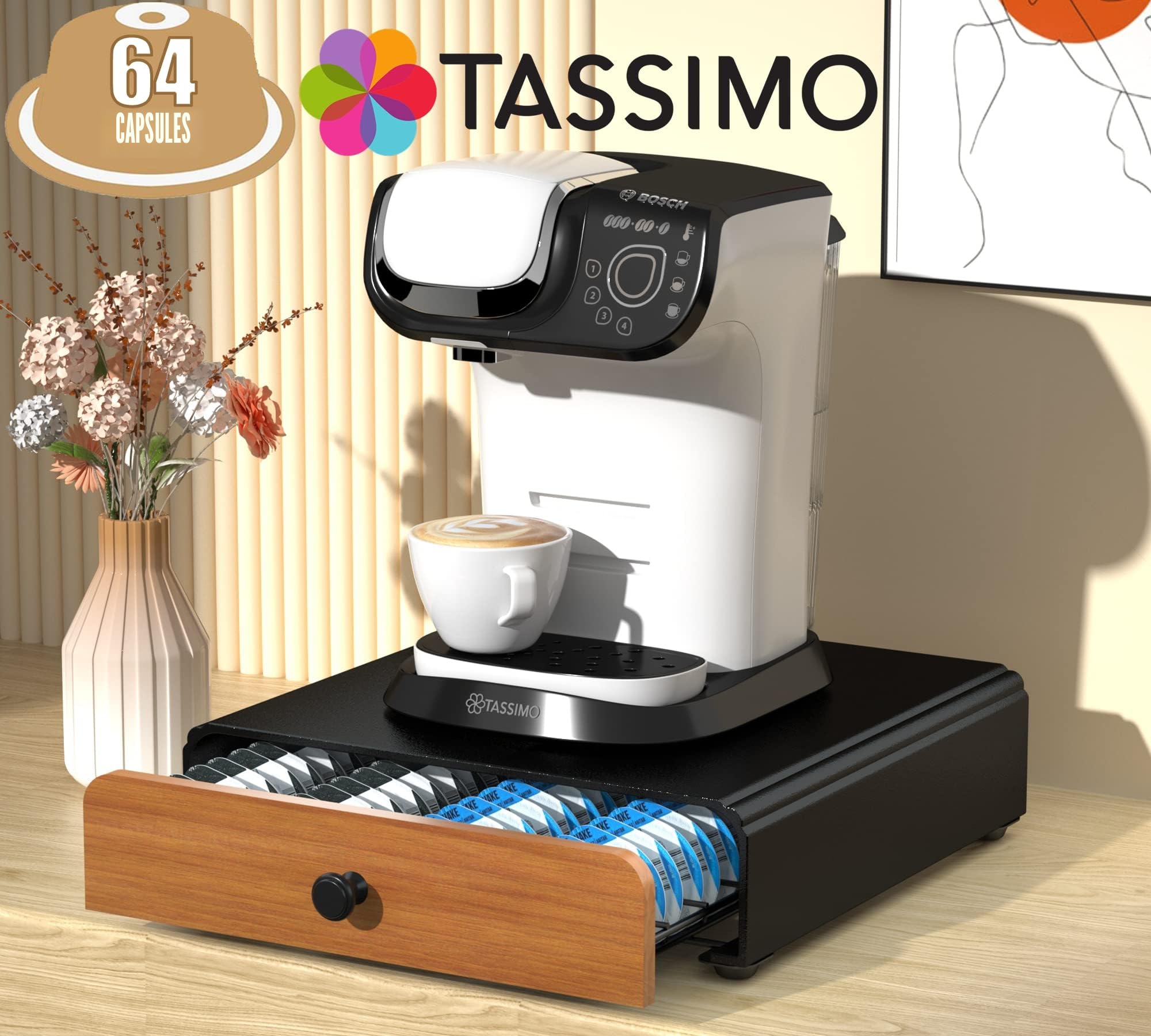 64 Capsules Porte-Capsules pour Tassimo, Tiroir Métal, Distributeur, Support Capsule de Café, Tiroir Étagère Empilable pour le Stockage Noir
