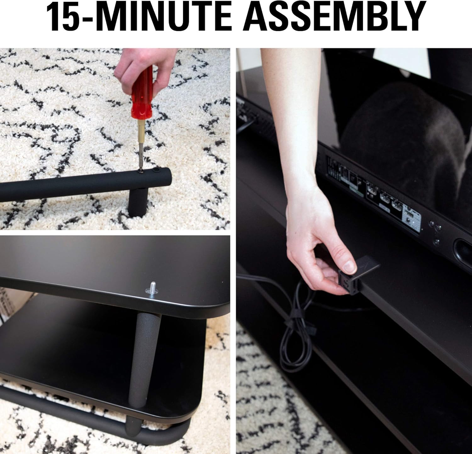 Image showing a person assembling the shelves and pillars of the AV stand.