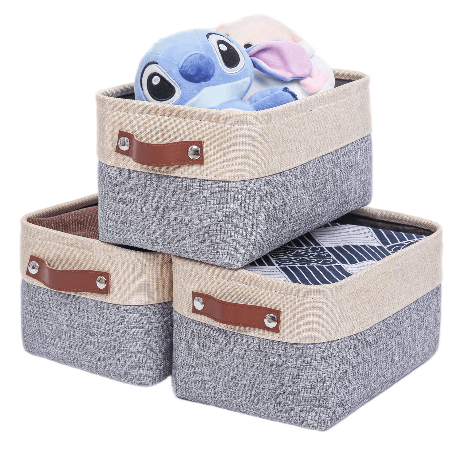 Mangata 3 stuks stoffen opbergmand, opbergdoos voor kast, mand voor opberging van stof met lederen handgreep voor speelgoed, kleerkast, planken, kleding (M, grijs wit