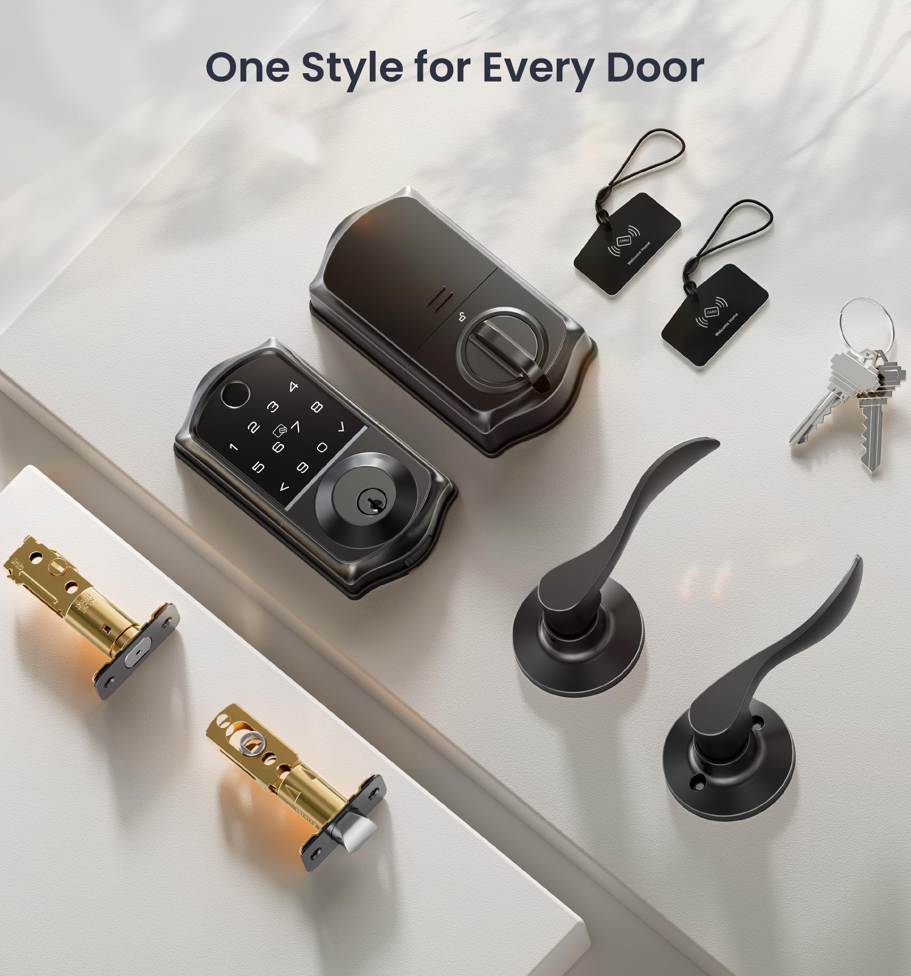 Veise VE017-L Fingerprint Smart Lock with 2 Lever Handles, Keyless Entry Front Door Lock Set, App Control, Electronic Digital Keypad Deadbolt, Easy Installation, Emergency Power Port, Matte Black