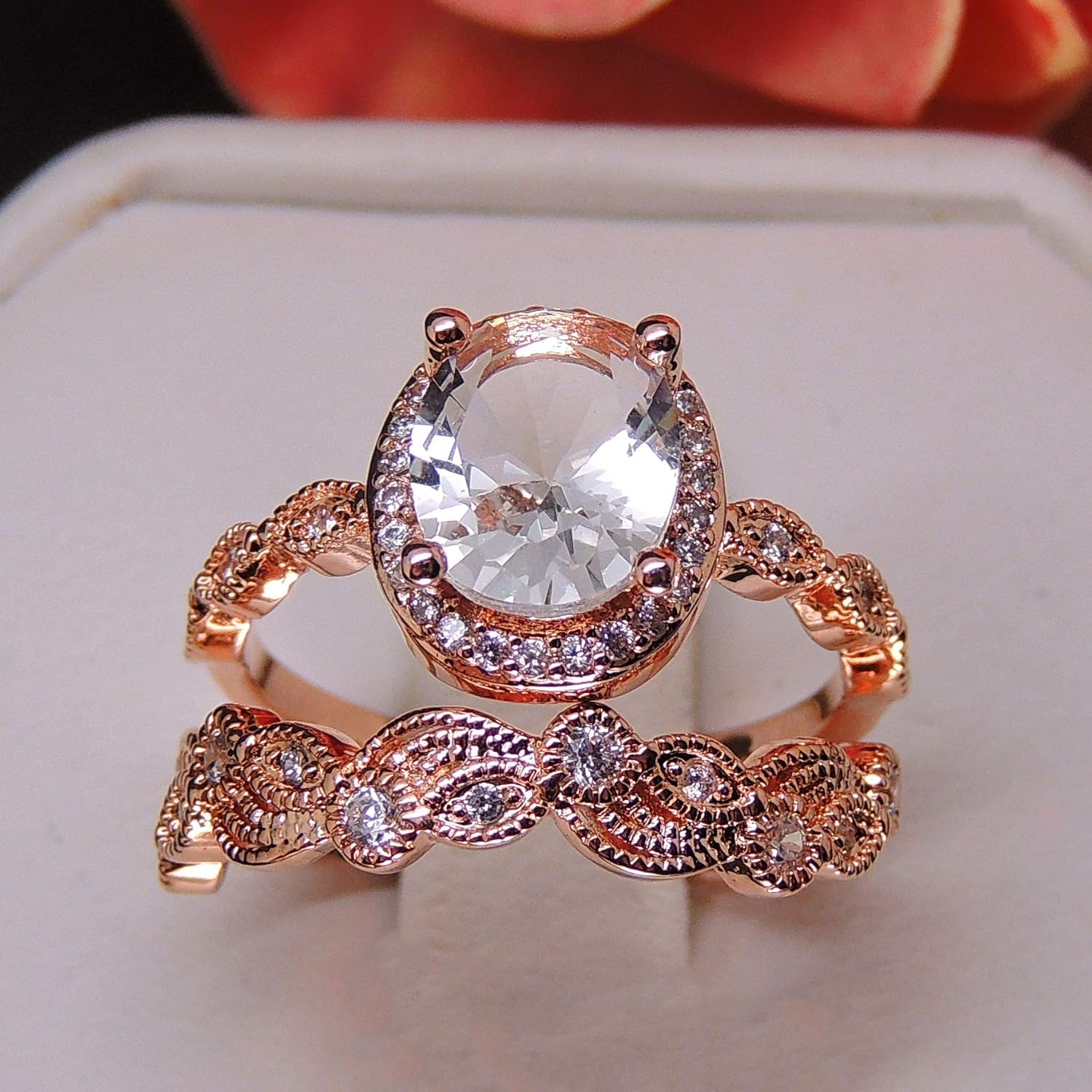 Ginger Lyne Collection Amara Halo Wedding Ring Set for Women White Gold over Sterling Silver Halo Bridal Set Clear Cubic Zirconia Oval Engagement Ring Matching Wedding Band for Her