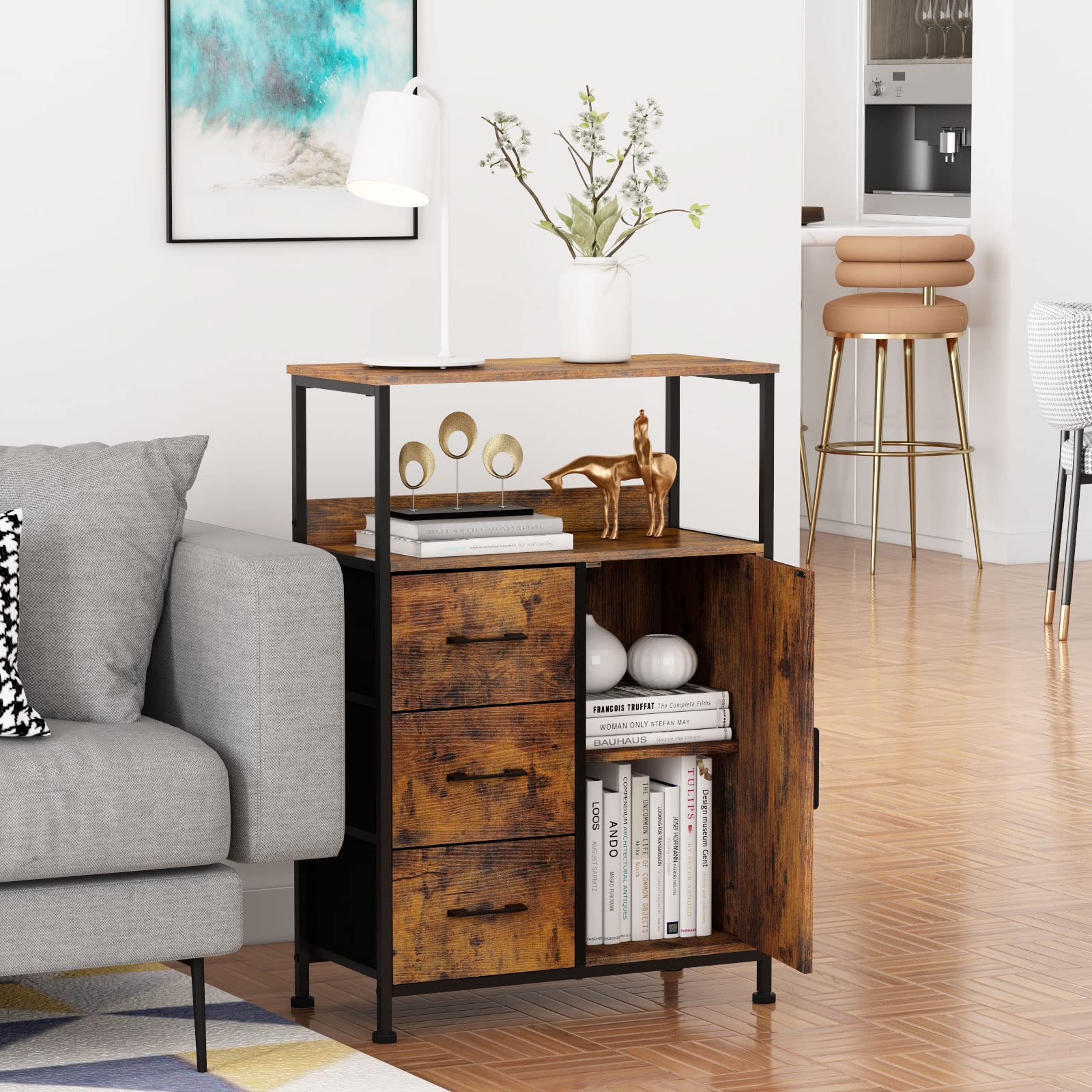 Furnulem Storage Cabinet with 3 Drawers and Door,Storage Shelf Wood with Sturdy Frame for Hallway Entryway,Office,Living Room.
