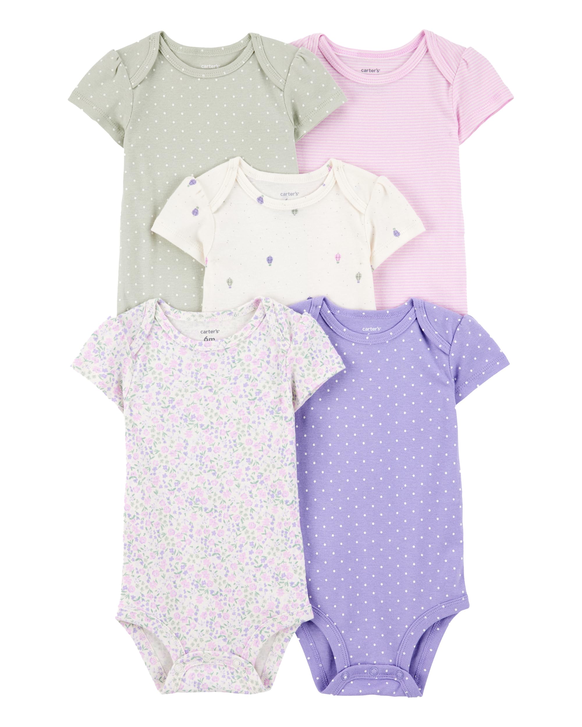 carter's Baby Girl 5-Pack Short-Sleeve Bodysuits - Floral, Polka Dot & Hot Air Balloon Prints, Soft Cotton One-Piece Outfit Set-picture-20