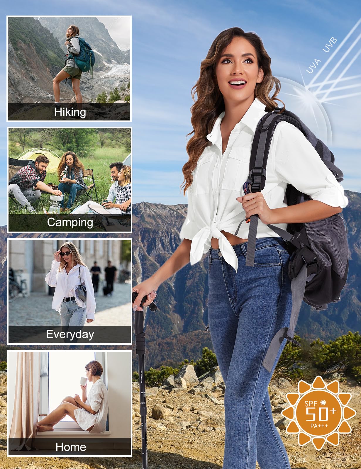 Tuopuda Hemdbluse Damen UV Shirt UPF50+ UV Schutz Safari Kleidung Wanderbluse Outdoor Cooling Sonnenschutz Langarm Luftiges Hemd Tops Sport Oberteile Atmungsaktiv