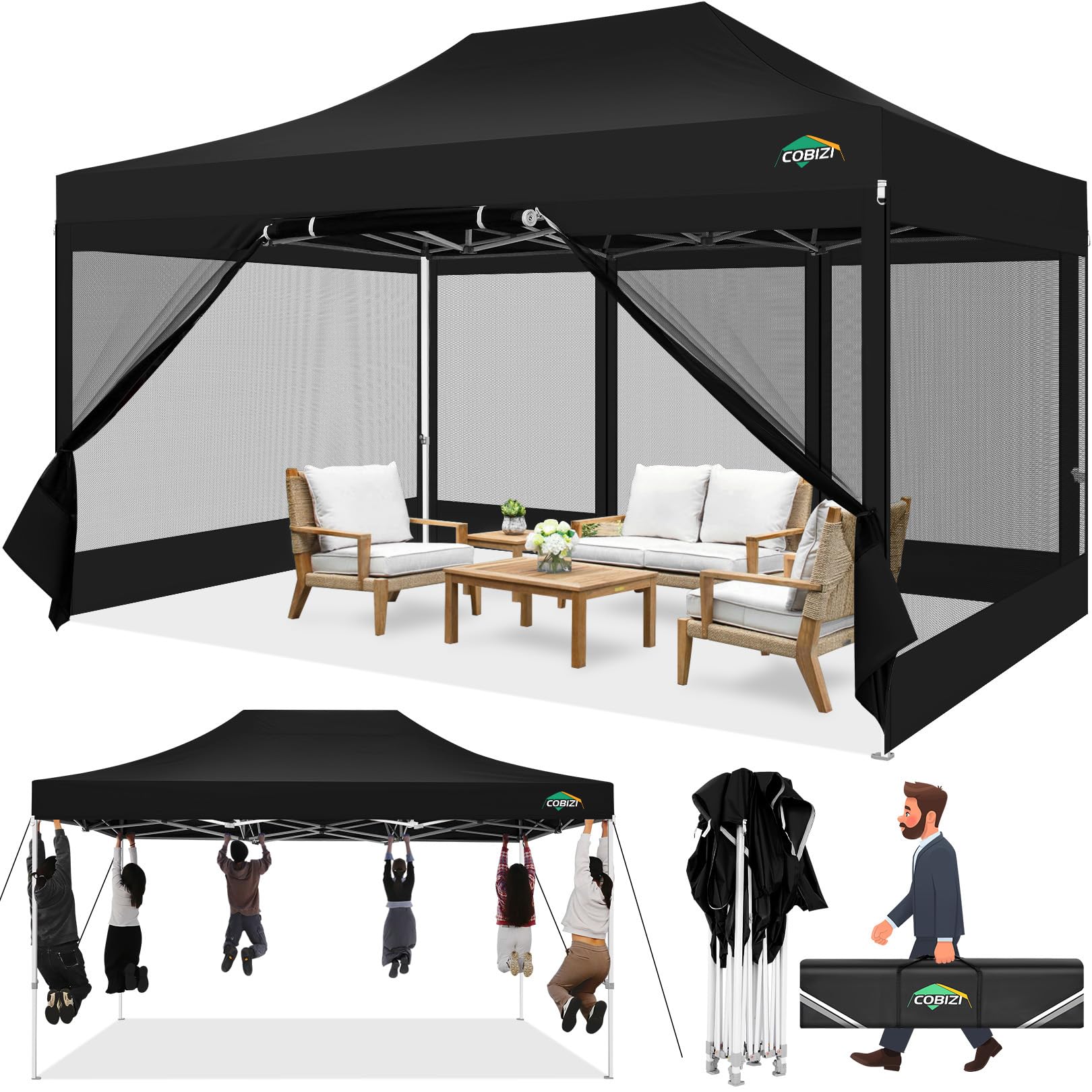 COBIZI Pavillon 3x4.5m Faltpavillon 3x4.5m Wasserdicht Stabil, Pop up Pavillon Faltbar, Partyzelt Gartenpavillon, Pavillion Klappbar UV-Schutz mit 4 Seitenwänden aus Mesh, Schwarz
