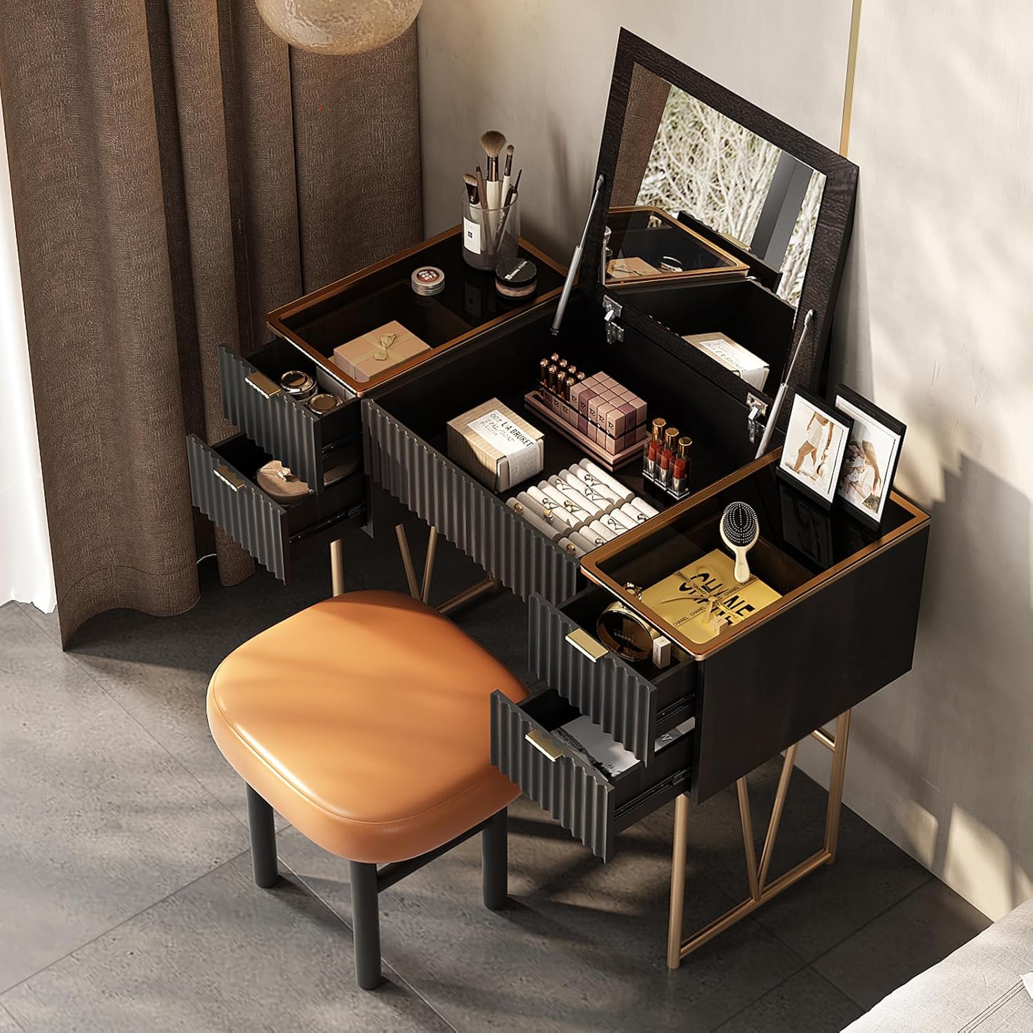 Lartis Flip Top Vanity Table Stylish Makeup Vanity with Stool, Makeup Vanity Desk, Reversible Makeup Mirror, Hidden Storage Compartment,Very Easy to Assemble