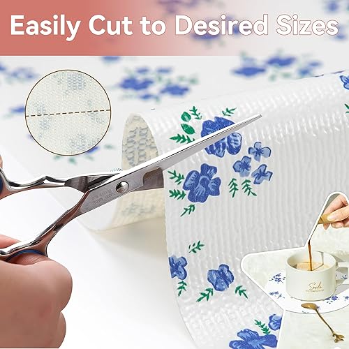 Miniatura 4 de RAY STAR Revestimiento para estantes, 18 pulgadas x 8 pies, no adhesivo, color azul, floral, para armario de cocina, cajón de despensa, agarre