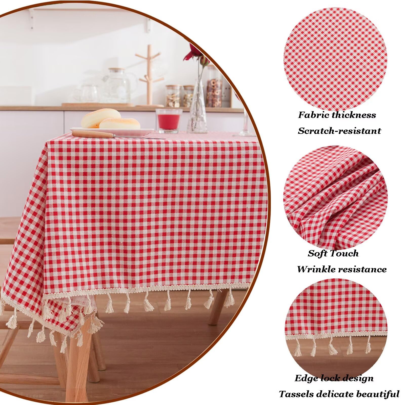Obrus w kratkę w kolorze czerwonym i białym, prostokątny, 140 x 220 cm – plamoodporny, wodoodporny, poliestrowy, piknikowy, w kratkę gingham, do użytku na zewnątrz, w gospodarstwie wiejskim