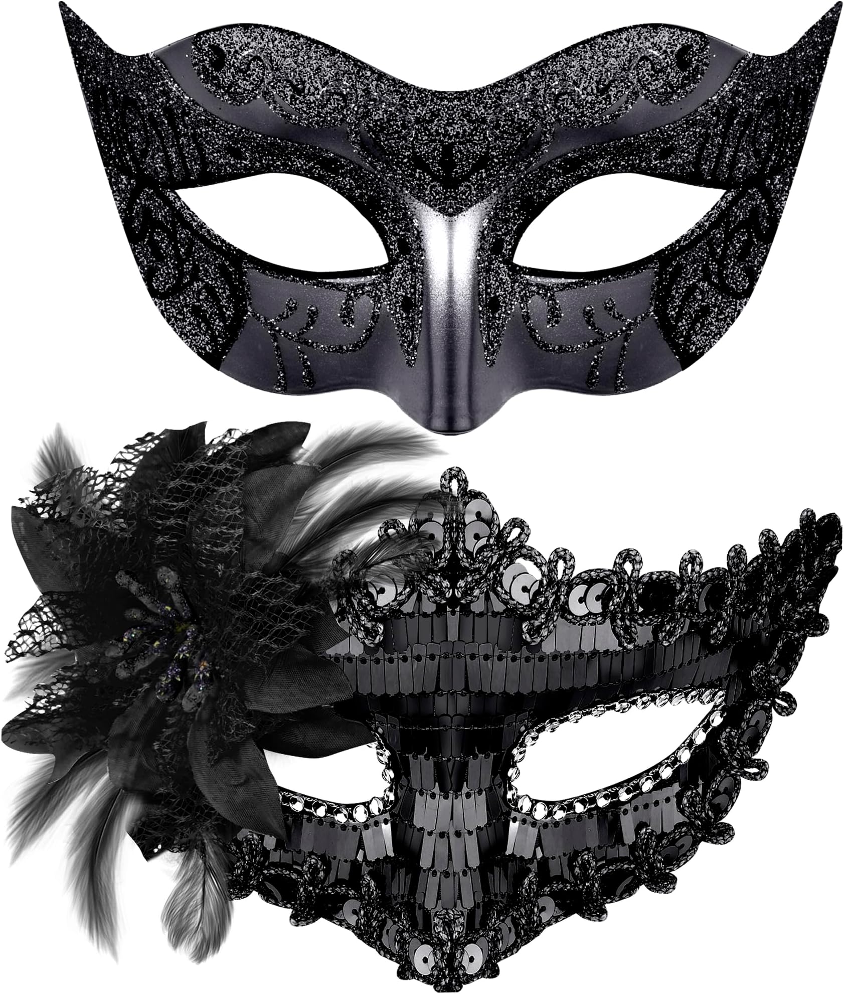 SIQUK Couple Masquerade Masks Sequins Venetian Party Mask Plastic Halloween Costume Mask Rhinestone Mardi Gras Mask for Couples Women and Men, Black