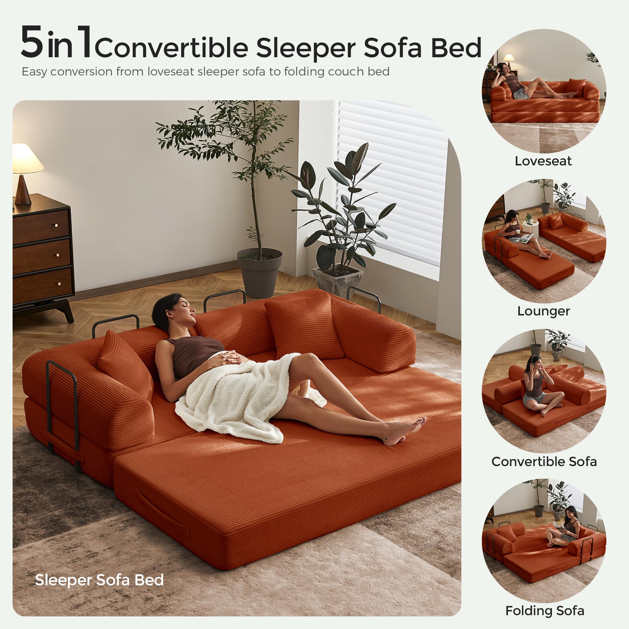 79" Convertible Futon Sofa Bed, Boneless Couch for Living Room | Orange | Folding Corduroy Boneless Sleeper Sofa, Modular Futon Couch with Fixed-Shape Frame, Pull Out Couch No Assembly
