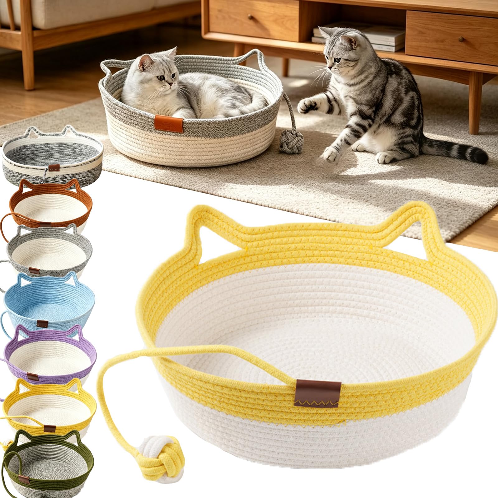 Cat Instinct Basket Cat Scratcher, Cat Basket Bed with Cushion and Hanging Ball Toy, Handwoven Cotton Rope Cats Bed for Cats & Kittens, Scratchable Woven Cat Nest Lounger for Sleeping & Playing,B:S — image 1