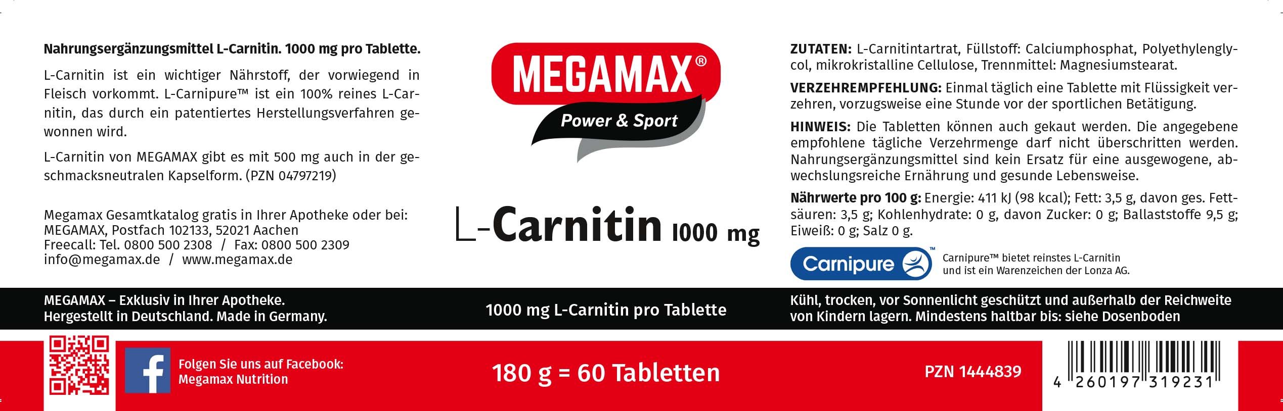 MEGAMAX Nutrition - L-Carnitin 1.000 mg 60 Tbl. - 100% rein - vegan