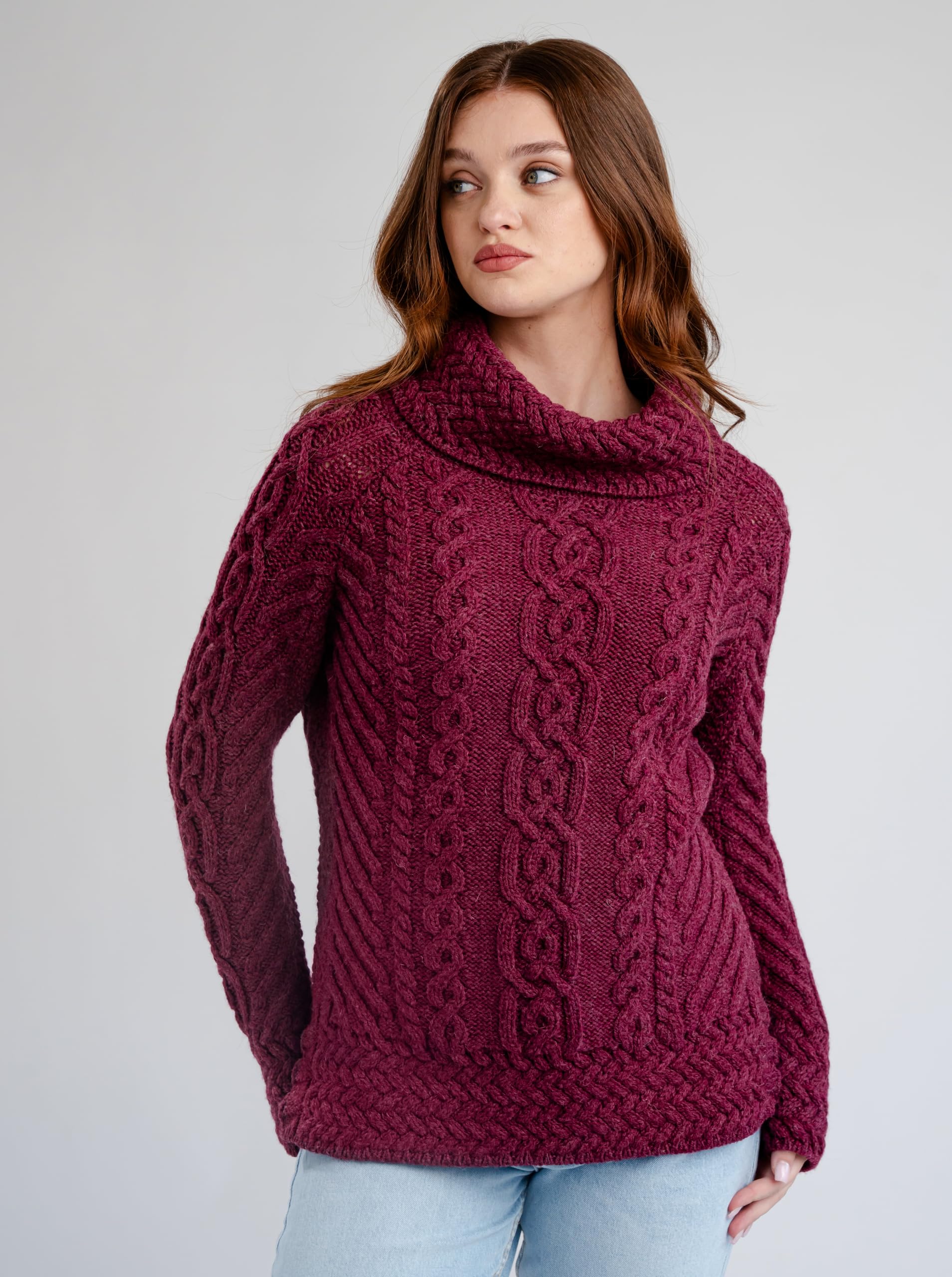 SAOL 100% Merinowolle Fisherman Trichterhals Irisch Aran Pullover für Damen