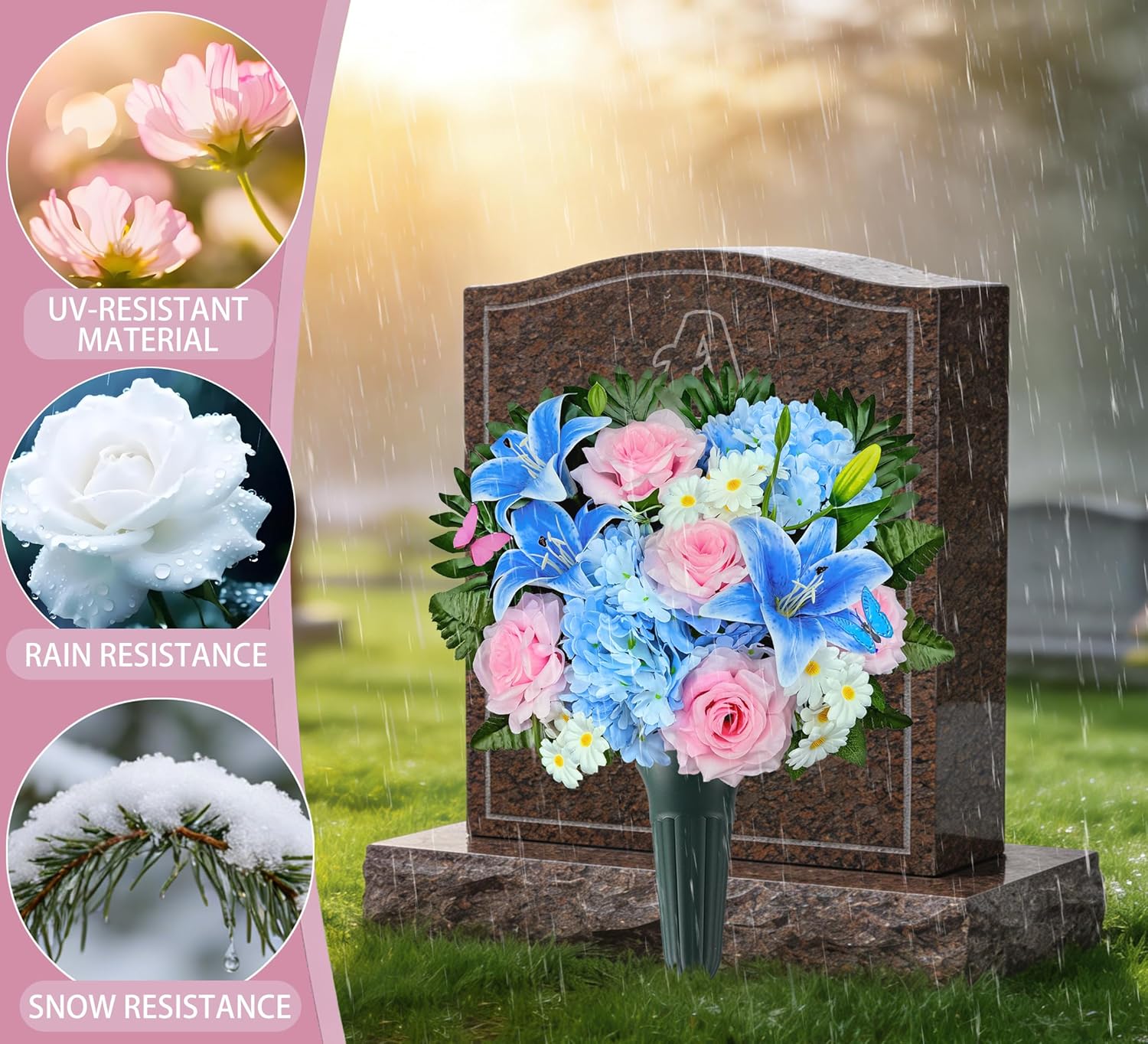 Artificial Cemetery Flowers,Memorial Flowers,Beautiful Arrangements for Headstones,Silk Hibiscus Rose Berries