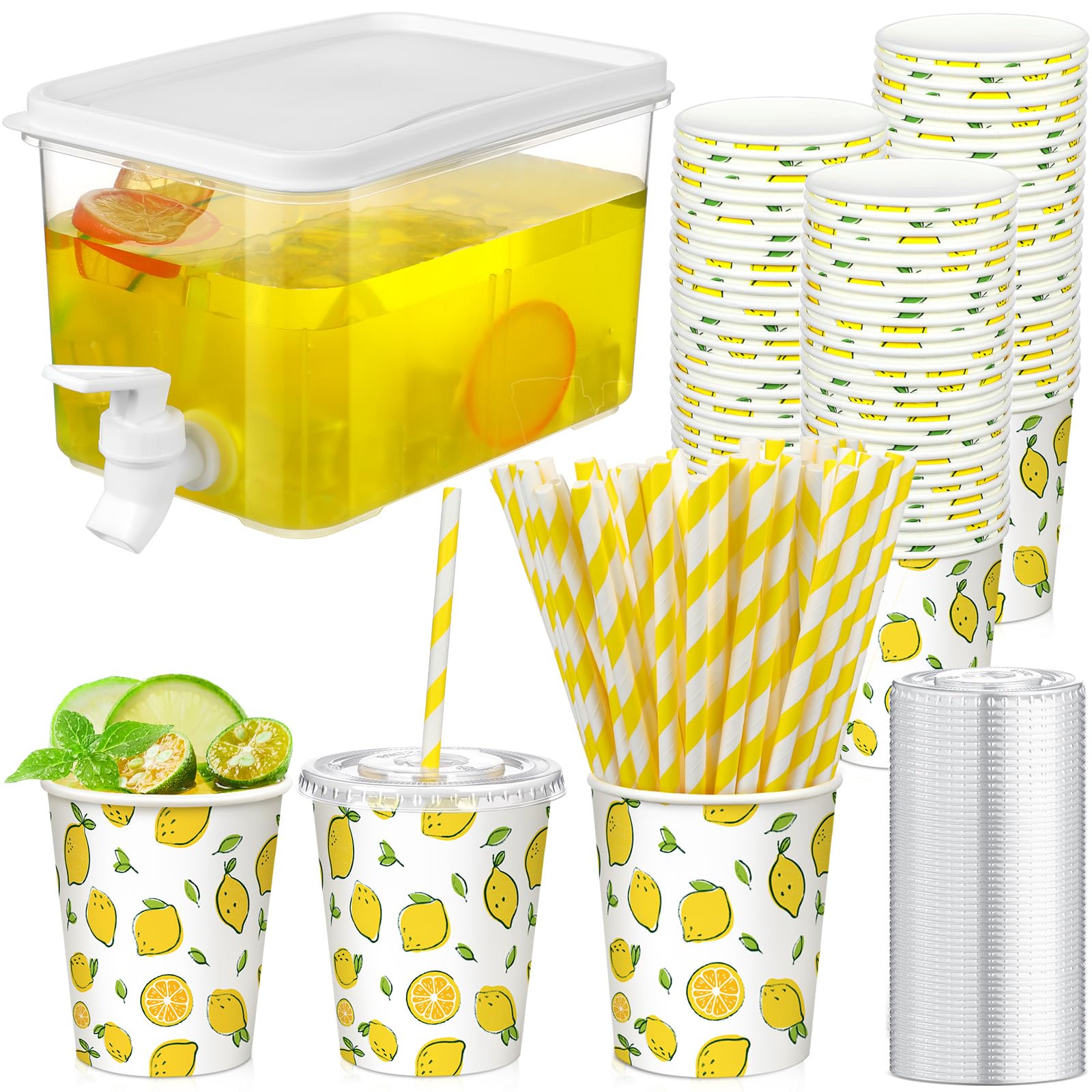 151 Pcs Lemonade Stand Supplies Lemonade Stand Kit Plastic Drink Dispenser 50 Set Disposable Cup with Lids Straws Fridge Water Beverages Dispenser