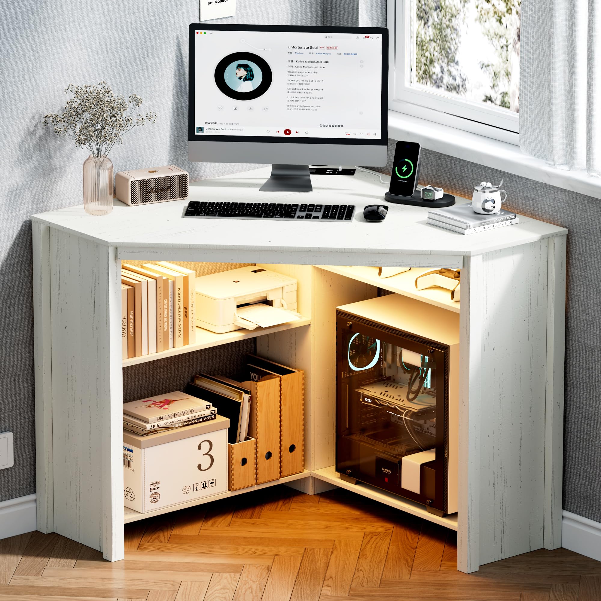FREDEES Corner Desk with Charging Station & LED Light, White