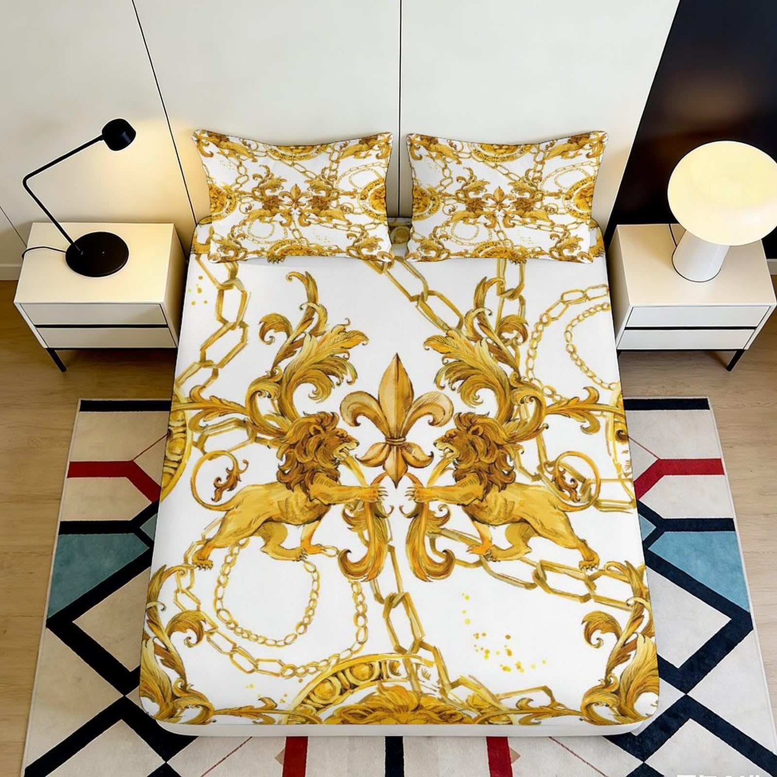Pnayamiorkfel Style-9 3D Printed Baroque Lion Fitted Sheet Microfiber Gold Chain Bed Cover Anti-Slip For Bedroom Guestroom Dorm Decor 90X200x25cm