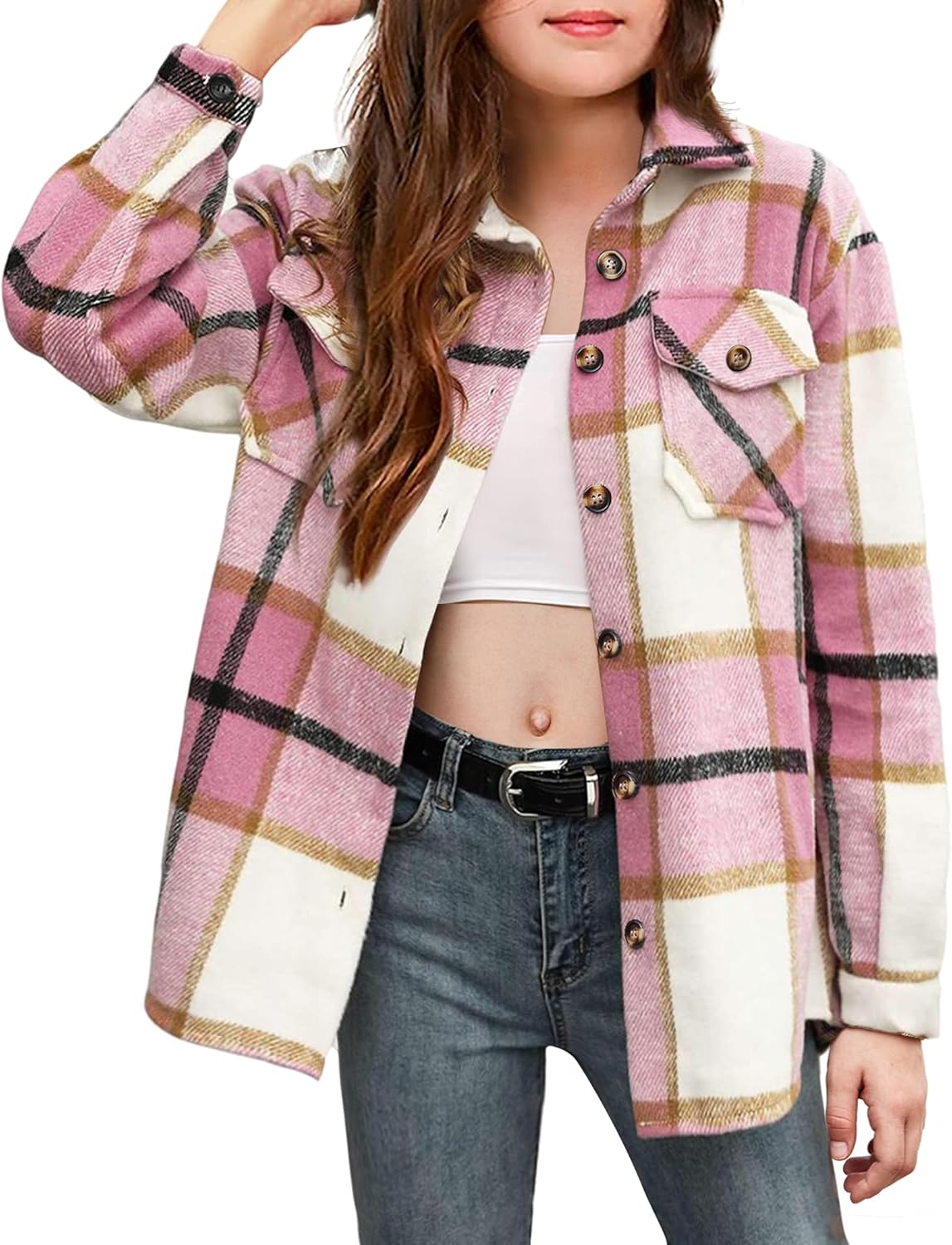 Arshiner Girls Flannel Plaid Jackets Button Down Long Sleeve Shirts Blouses Tops with Pockets Outfits