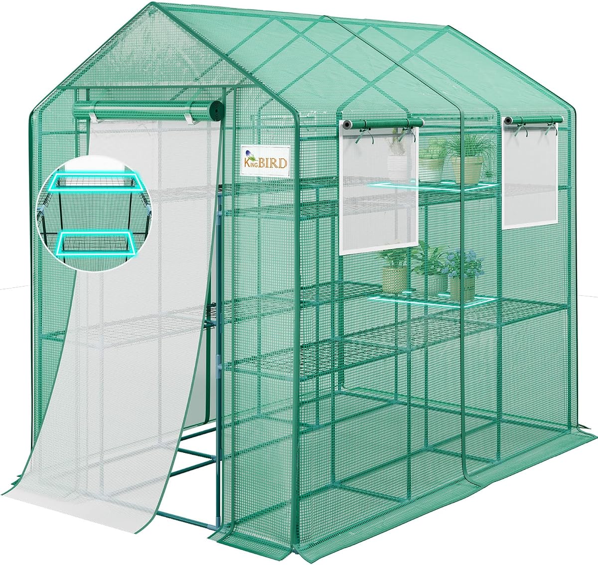 Invernadero Premium KING BIRD para exteriores, cubierta de PVC mejorada de 84x56x77 | Invernadero portátil con estructura de acero resistente para jardín exterior, ventanas mosquiteras y puerta de malla, 3 niveles y 14 estantes, verde
