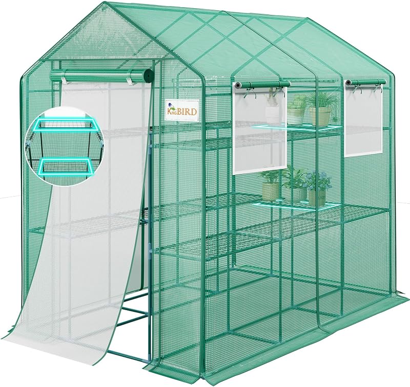 Invernadero Premium KING BIRD para exteriores, cubierta de PVC mejorada de 84x56x77 | Invernadero portátil con estructura de acero resistente para jardín exterior, ventanas mosquiteras y puerta de malla, 3 niveles y 14 estantes, verde