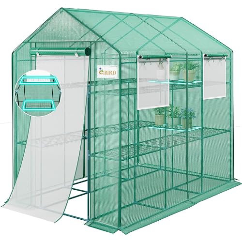 KING BIRD Premium Greenhouse for Outdoors, 84x56x77 Upgraded PVC Cover & Heavy Duty Steel Frame Walk-in Portable Green House for Outside Garden, Screen Windows & Mesh Door, 3 Tiers 14 Shelves, Green