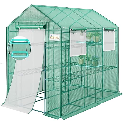 KING BIRD Premium Greenhouse for Outdoors, 84x56x77 Upgraded PVC Cover & Heavy Duty Steel Frame Walk-in Portable Green House for Outside Garden, Screen Windows & Mesh Door, 3 Tiers 14 Shelves, Green