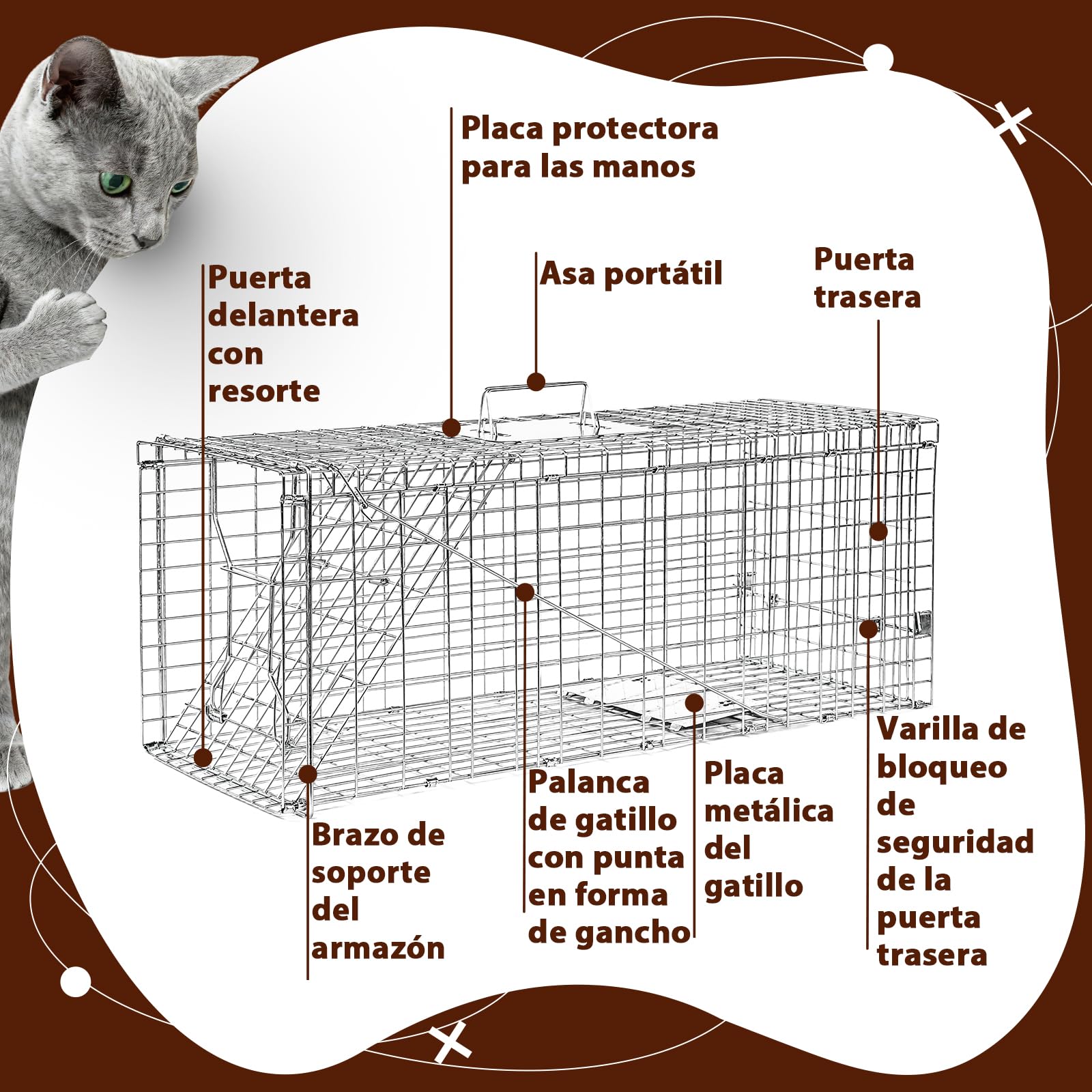 Jaula Plegable para la Captura de Animales Vivos 78×29×30 cm | Jaula de captura humanitaria, adecuada para capturar gatos callejeros, mapaches, ardillas y conejos