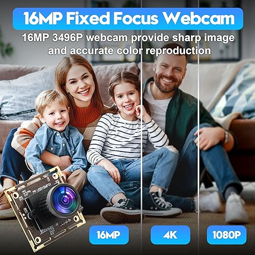Miniatura 2 de Módulo de cámara USB 16MP gran angular 110 grados sin distorsión lente Webcam, cámara USB Ultra HD 3496P, cámara USB integrada Plug and Play en la