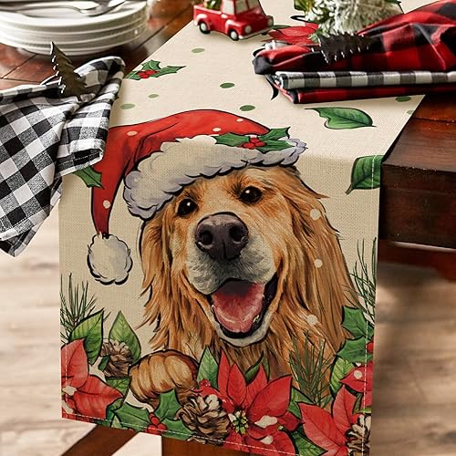 Miniatura 5 de Seliem Camino de mesa de perro Golden Retriever de Feliz Navidad, cachorro de Pascua de bayas rojas, decoración de mesa de comedor, decoración de