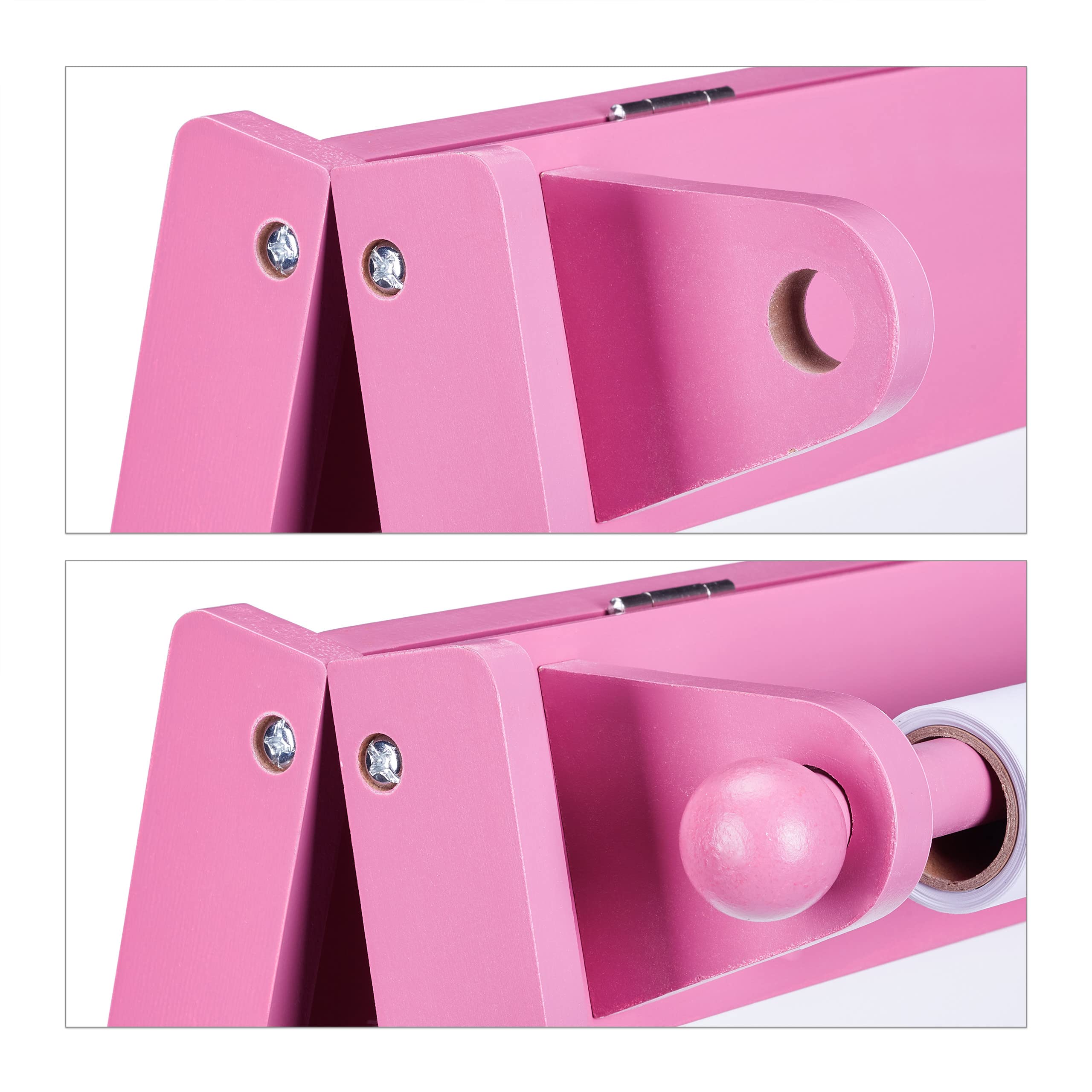 Relaxdays Pizarra Infantil de Pie 2 en 1, Tablero Niños Papel y Cestos, 94 x 52 x 46,5 cm, Encerado Tizas, Rosa y Blanco