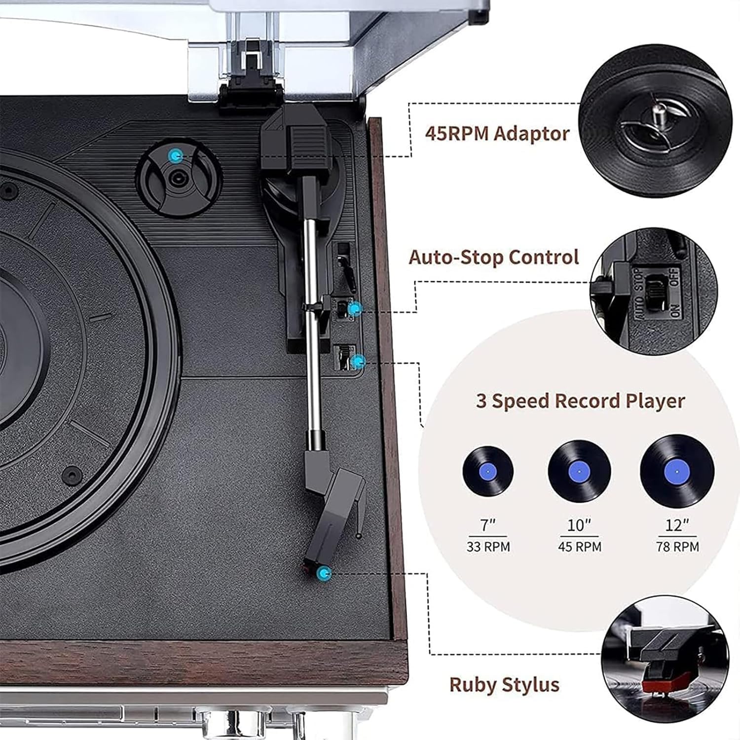 Giradischi multi-velocità con Bluetooth, cassetta, lettore CD, altoparlanti integrati, radio FM e USB per audio domestico