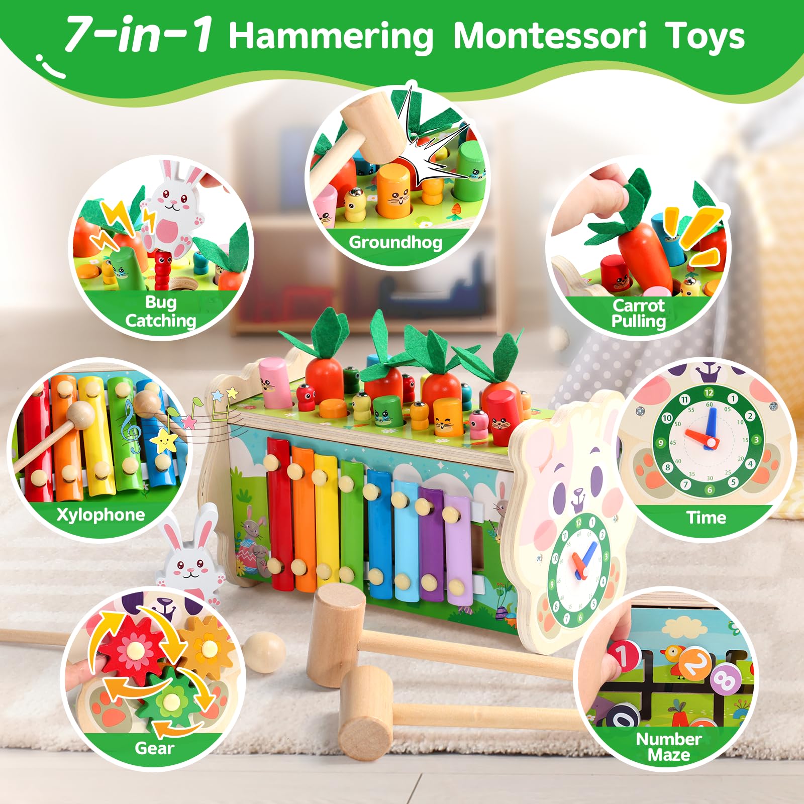 Fajiabao Montessori Spielzeug ab 1 Jahr- 7 in 1 Hammerspiel Holzspielzeug Motorikspielzeug Xylophon Kinder 1 Jahr Lernspielzeug, Kinderspielzeug Geschenk 1 2 Jahr Junge Mädchen Geschenke
