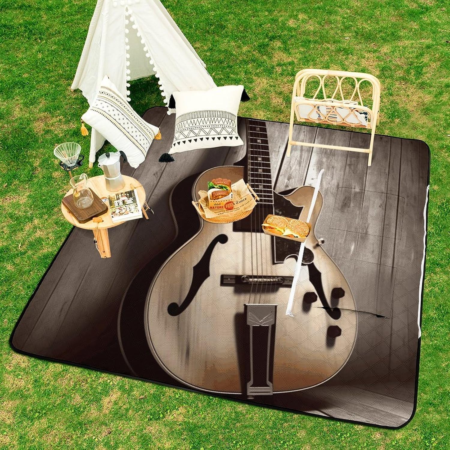 Guitar Pictures Picnic Blanket with Zipper Water Resistant Sand Free Picnic Mat Washable Foldable Easy Carry Beach Blanket for Lawn Beach Hiking Camping