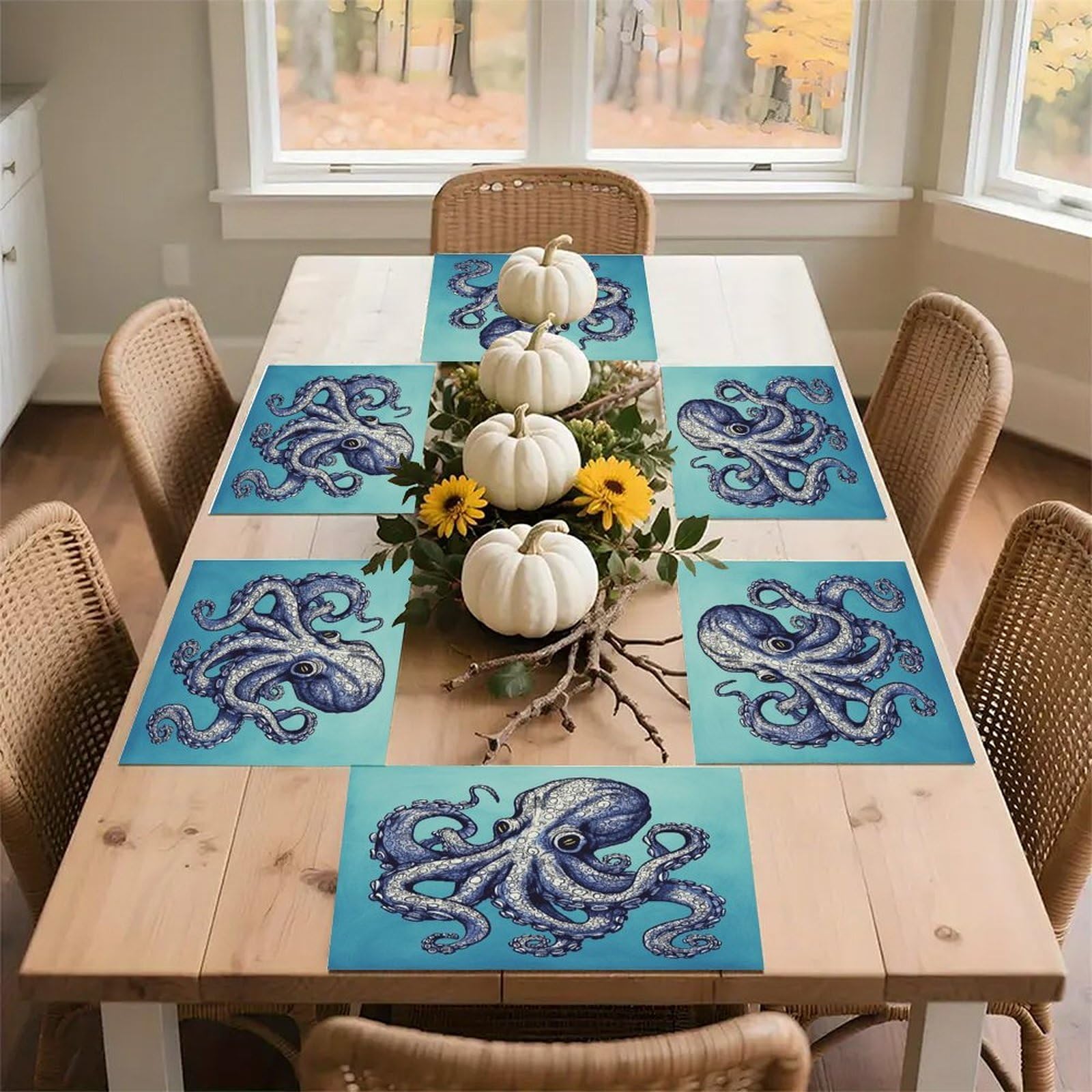 Octopus Design Placemats Non-Slip Heat Resistant Table Mats Flax Washable Cloth Place Mats Easy to Clean Premium Placemat for Kitchen Dining Table Decor Party Outdoor