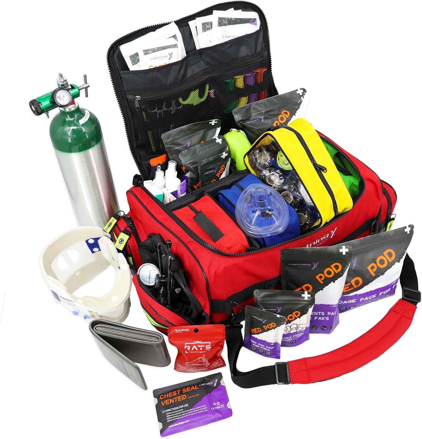 Lightning X Fully Stocked X-Tuff Modular Oxygen Trauma Bag w/Removable Organizer Pouches for EMS/EMT + First Responder – Red Lightning X Fully Stocked X-Tuff Modular Oxygen Trauma Bag w/Removable Organizer Pouches for EMS/EMT + First Responder – Red