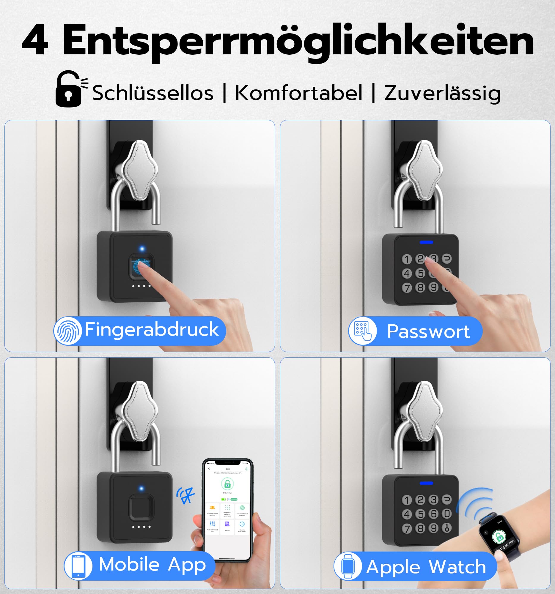 Elektronisches Vorhängeschloss mit Fingerabdruck & PIN, IP65 Wasserdichtes Smart Bluetooth Schloss mit App, USB-C Aufladung, Robust für Gartentor, Garage, Spind