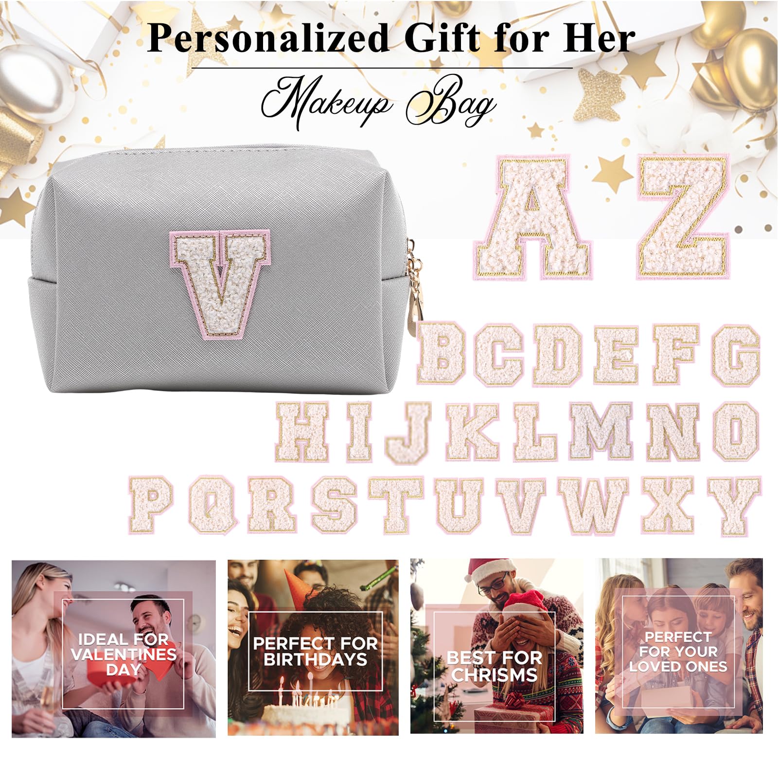 Personalized Makeup Bag,Waterproof Travel Makeup Pouch Cosmetic Bag Birthday Gift for Women Mom，Bride Bridesmaid Cosmetic Bag A-Z — view 53