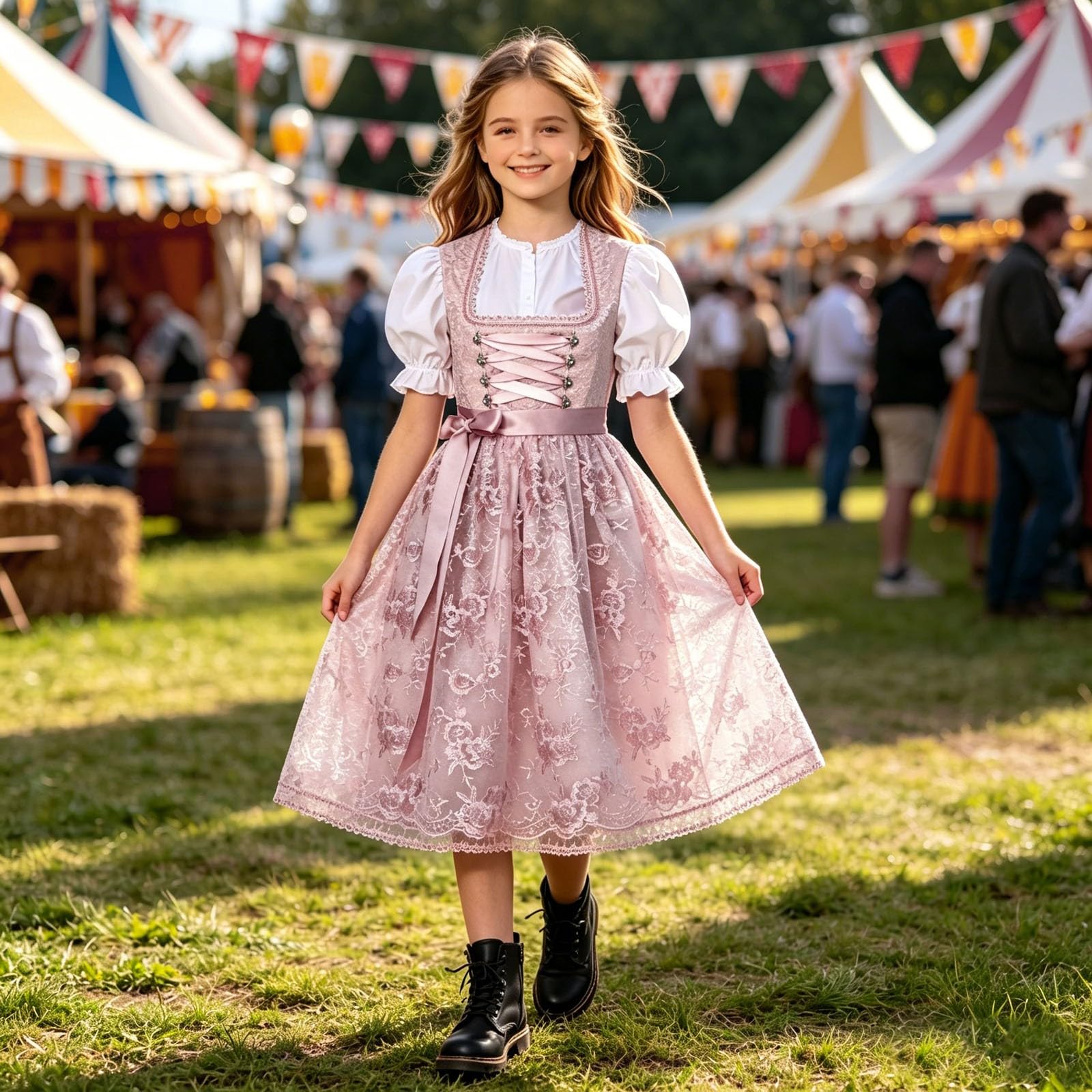 Oktoberfest - Disfraz infantil de tirolesa para niña, color amarillo con blusa y delantal de encaje, 3 piezas, traje tradicional medieval, vestido de flores, disfraz de cosplay