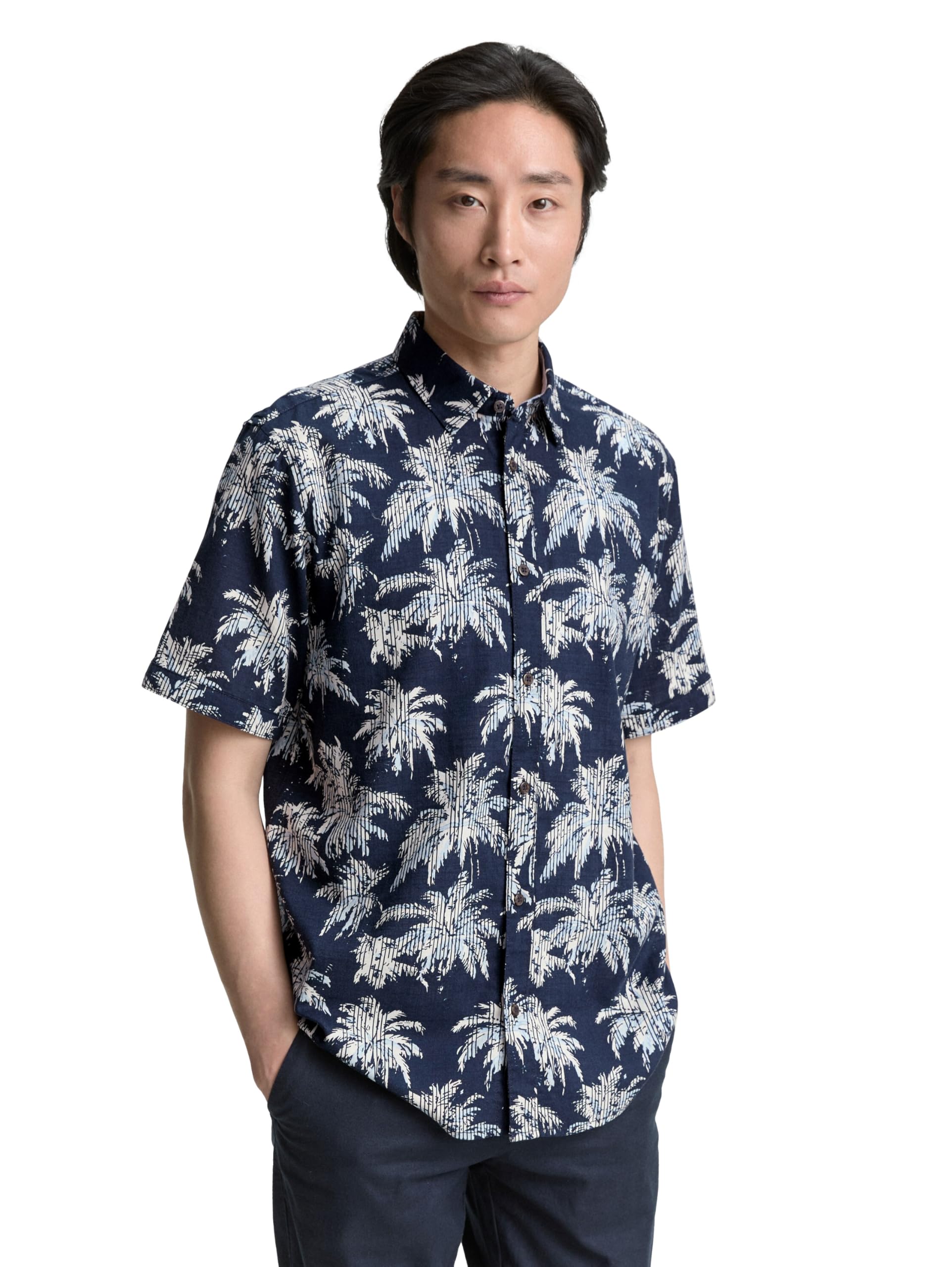 TOM TAILOR Men's Shirt, 37972 - Navy Blue Stripe Palm Design, XS