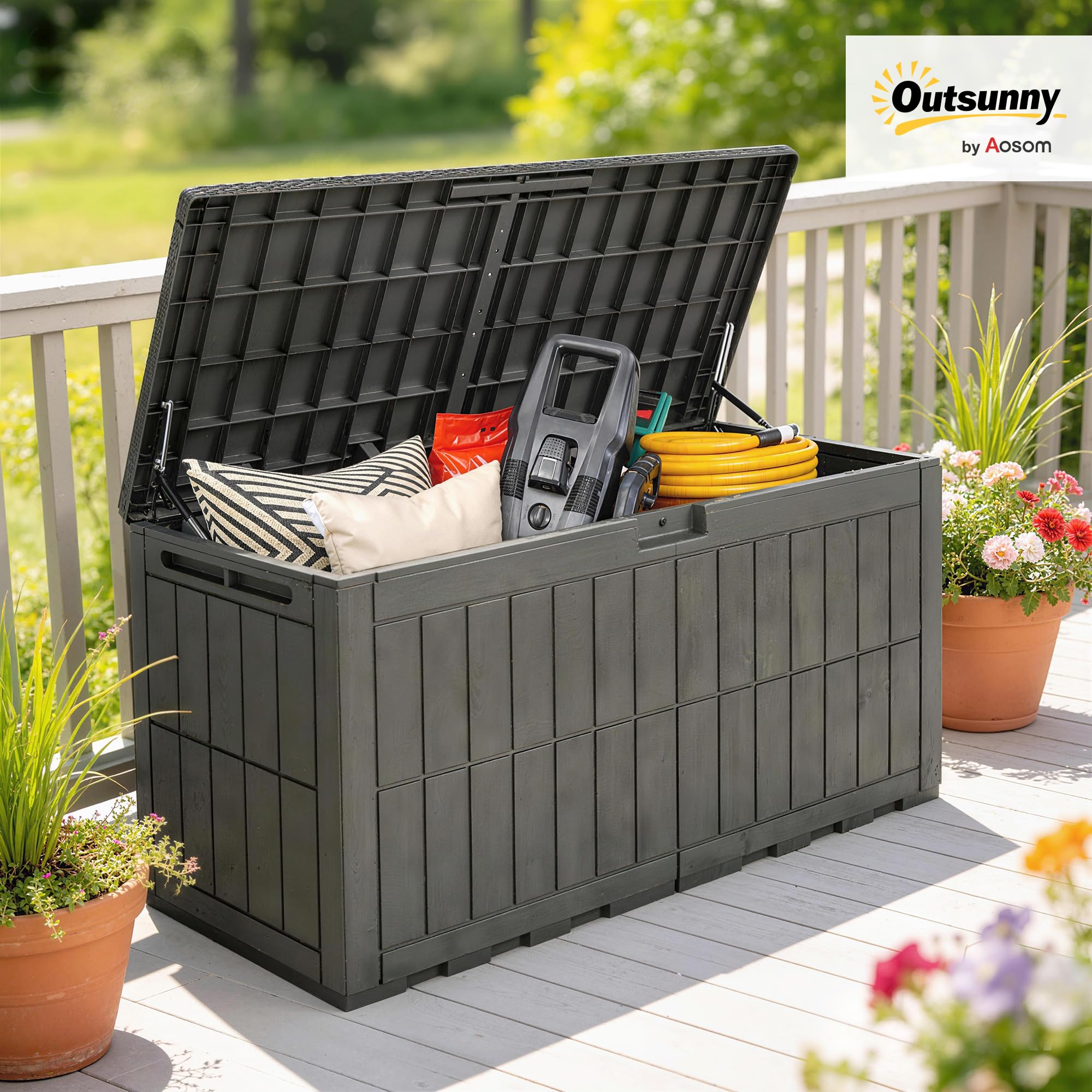 Outsunny Arcón Exterior Capacidad 440L, Baúl de Almacenaje Exterior de Resina Resistente al Agua y a los Rayos UV, con Tapa Bloqueable, Barras de Gas, Asas Laterales, para Jardín, 133x62x65 cm, Café
