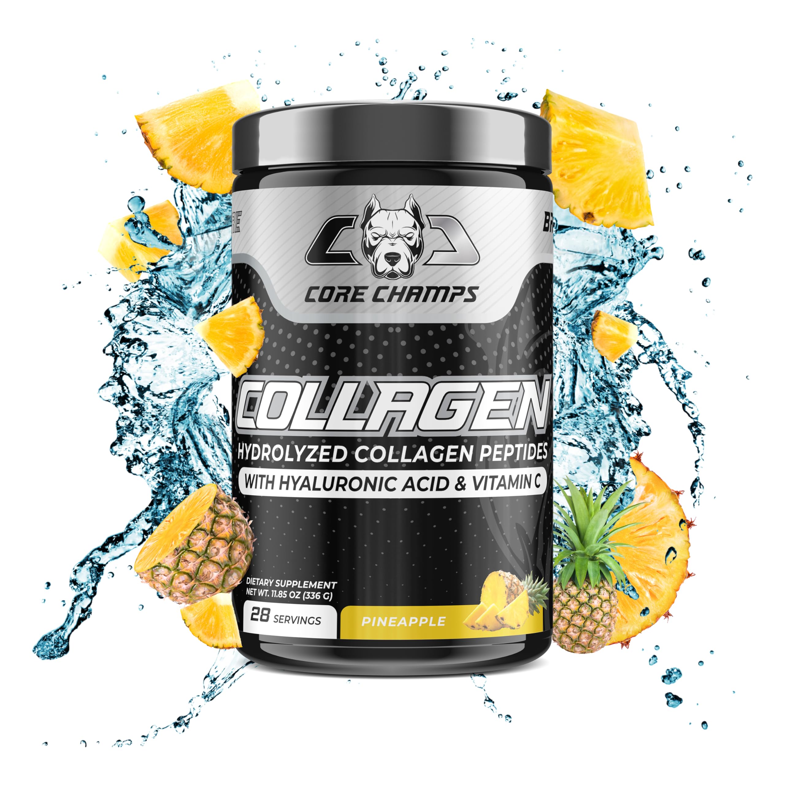 CORE CHAMPS COLLAGEN | Hydrolyzed Peptides for Healthy Hair, Skin, Nails, Bones & Joints | Hyaluronic Acid & Vitamin C | Grass-Fed Bovine | Clinically Proven | 28 Servings, 336g | PINEAPPLE