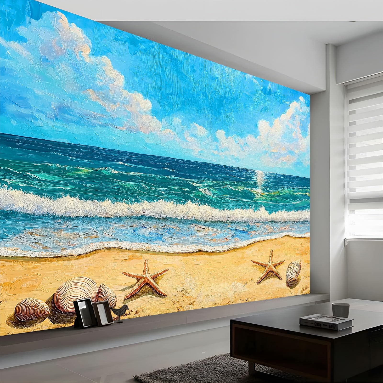 Niestandardowa fototapeta 3D, 300 x 210 cm, natura, muszle, rozgwiazda, mural, gruba włóknina, niebieska tapeta do salonu, tło telewizyjne
