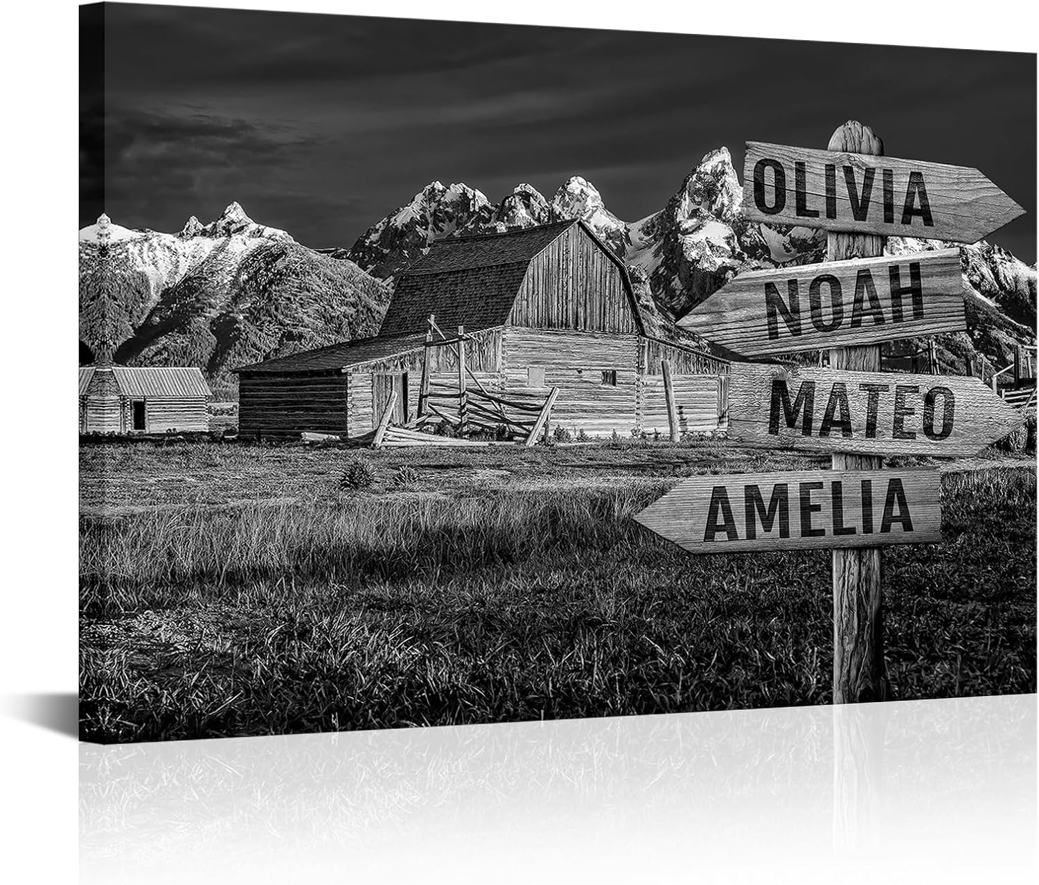 iLOOKLiKE Personalized Crossroads Street Sign Family Name Wall Art Grand Teton National Park Pictures Painting Black and White Moulton Barn Poster Prints Custom Multi Name Artwork for Home Gifts