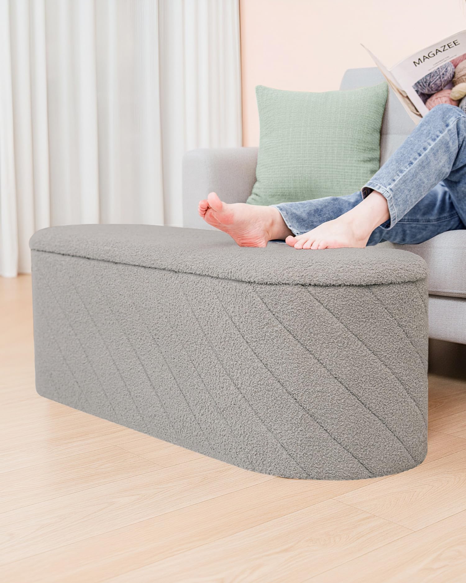 Bonlife Ovale Ottomanbank mit Stauraum, Klappbare Fußbank mit Deckel, Boucle Bank für Fußende des Bettes, Hocker für Wohnzimmer, Schlafzimmer, Eingangsbereich, Grau, 110x38x38cm