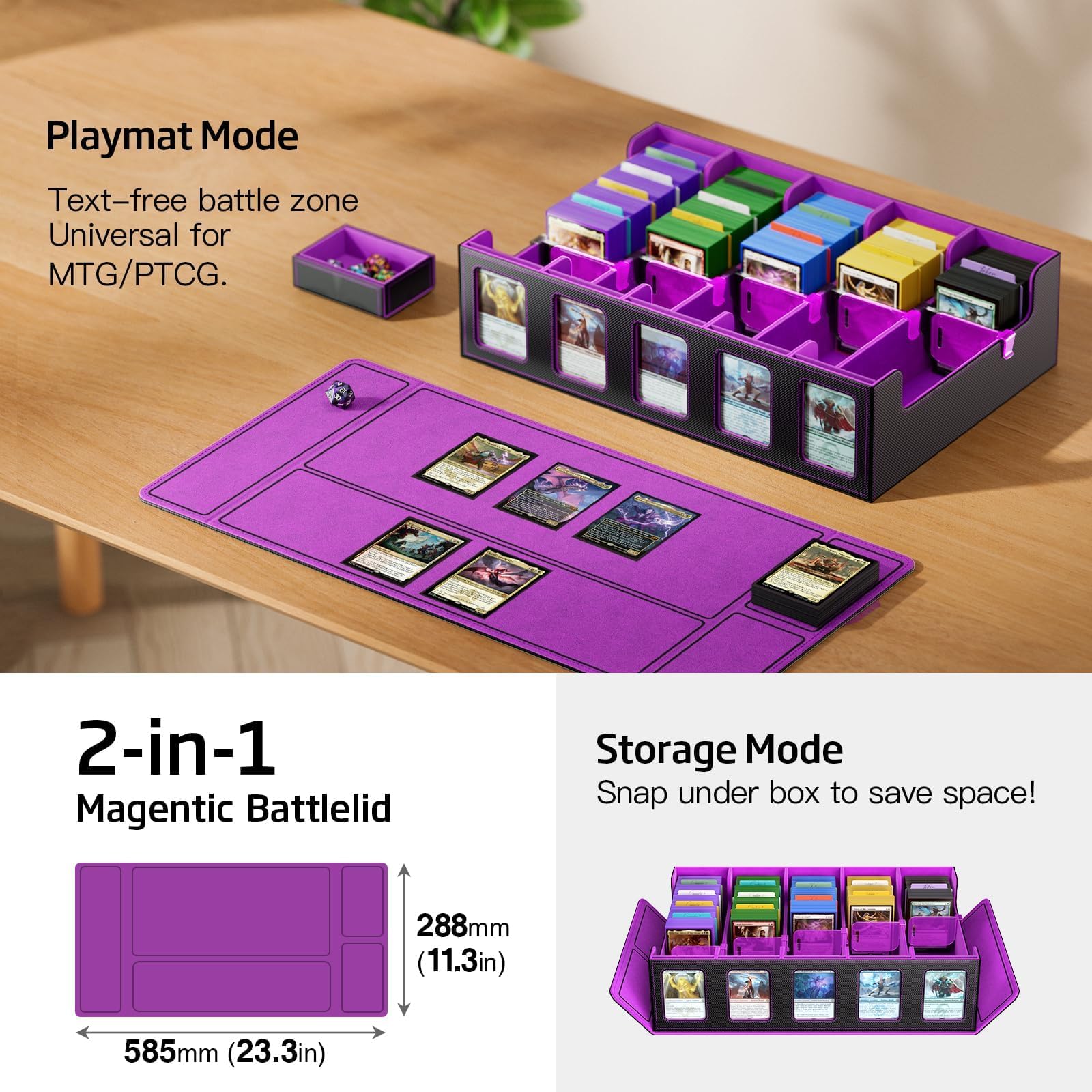 Boîte rangement cartes MTG avec vitrine Commander, 3900+ cartes, deck box 5 compartiments avec couvercle amovible, organiseur TCG PTCG cartes sport, compatible Toploader, 50 séparateurs (Violet)