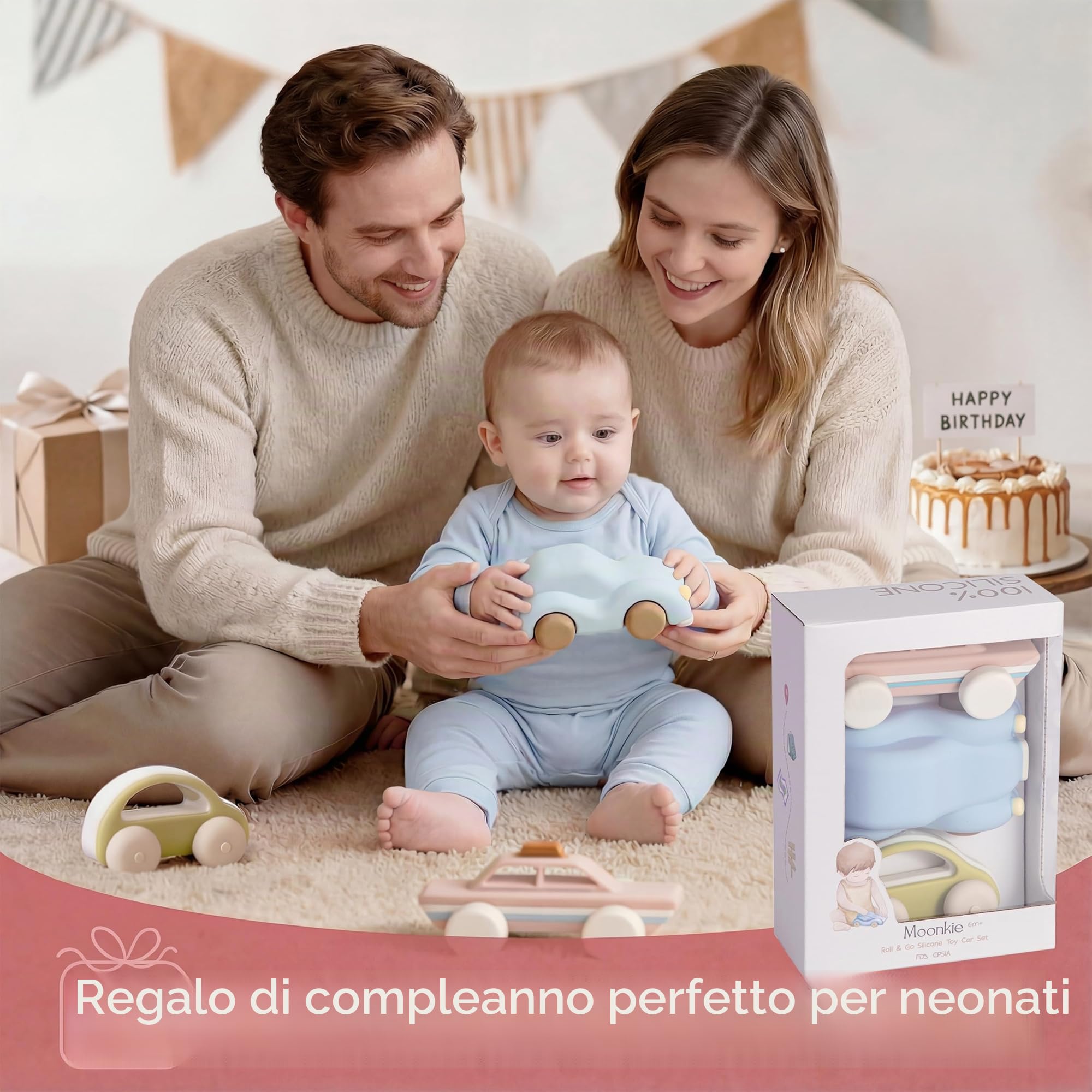 Moonkie Roll & Go Macchinine per Bambini, Set da 3, Regalo Bambino 1 2 3 Anno, Giochi Bambini in Silicone 6 Mesi+, Senza BPA, Massaggia Gengive Neonati, per Maschi e Femmine, Giochi Montessori
