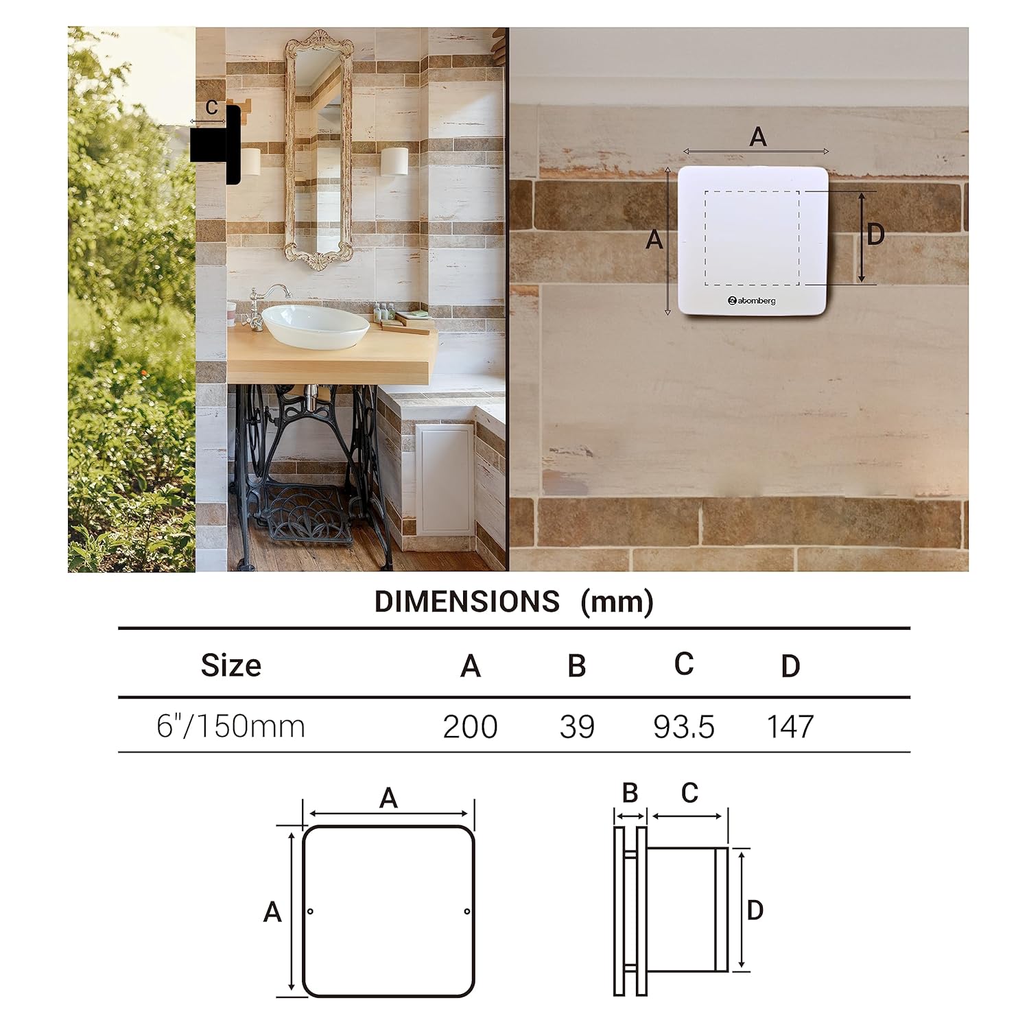 atomberg Studio Exhaust Fan dimensions diagram