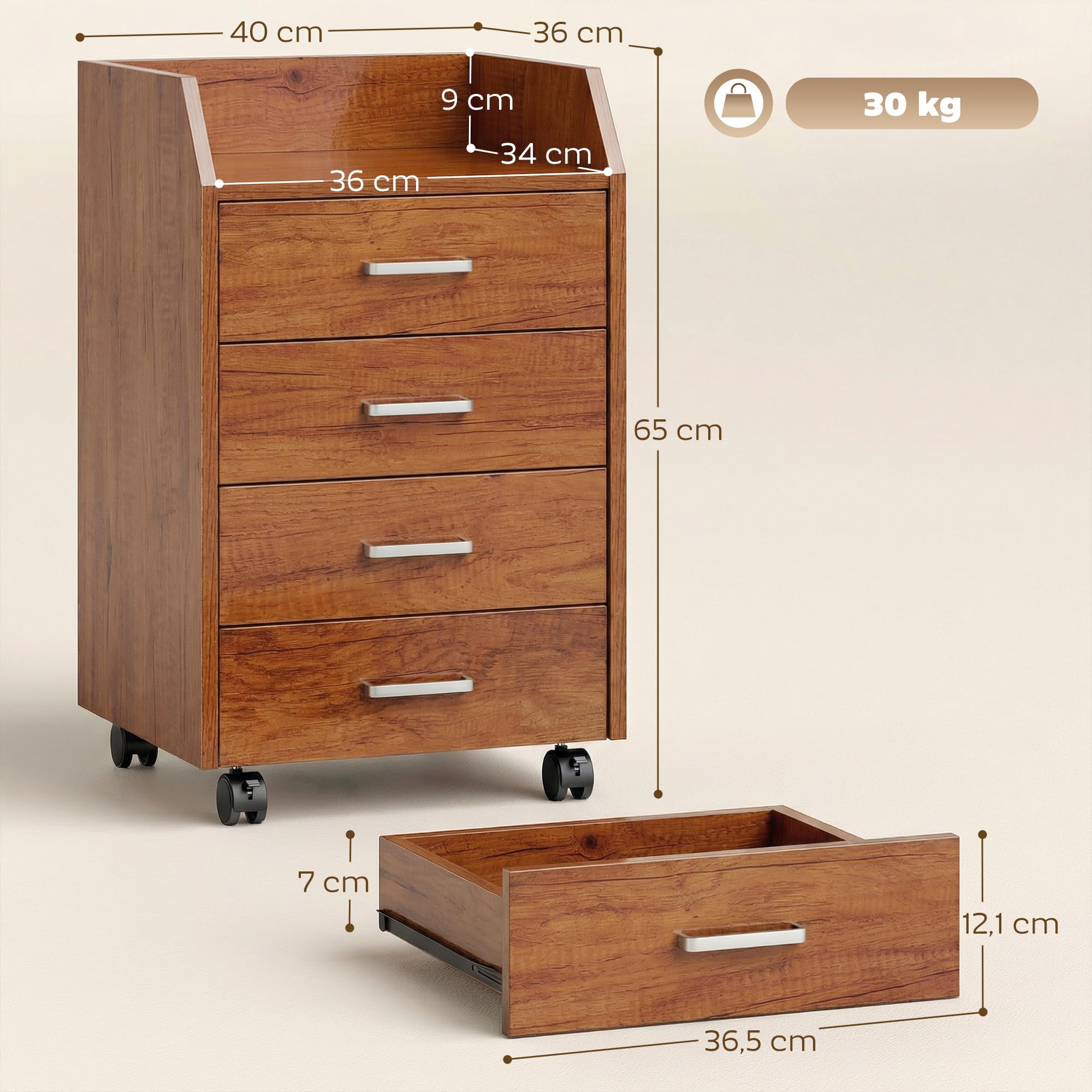 Vinsetto Cassettiera da scrivania con ruote, cassettiera da ufficio con 4 cassetti, schedario mobile per studio, salotto, da posizionare sotto la scrivania, 40x36x65 cm, marrone